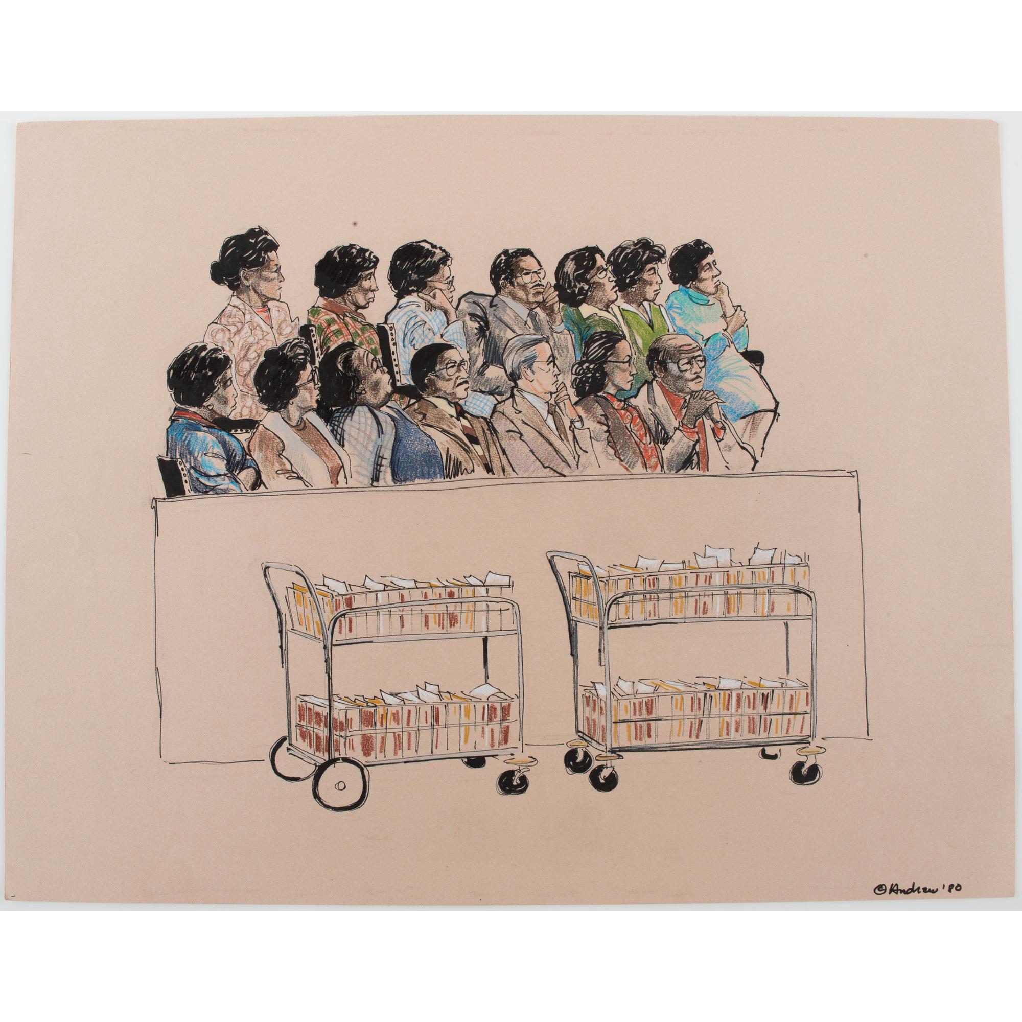 Joan Andrew, Washington Post and CNN Sketch Artist, 16 Original Sketches Documenting the 1980 Trial of Felt "Deep Throat" and Miller, Incl. Nixon and Protestors