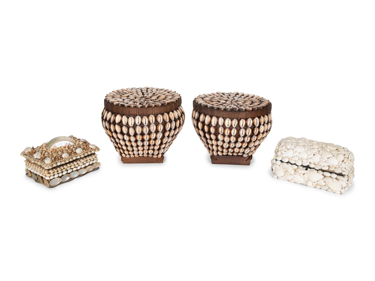 Two French Shell-Encrusted Lidded Boxes and a Pair of Cowry Shell Covered Baskets — 20TH CENTURY