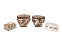 Two French Shell-Encrusted Lidded Boxes and a Pair of Cowry Shell Covered Baskets — 20TH CENTURY