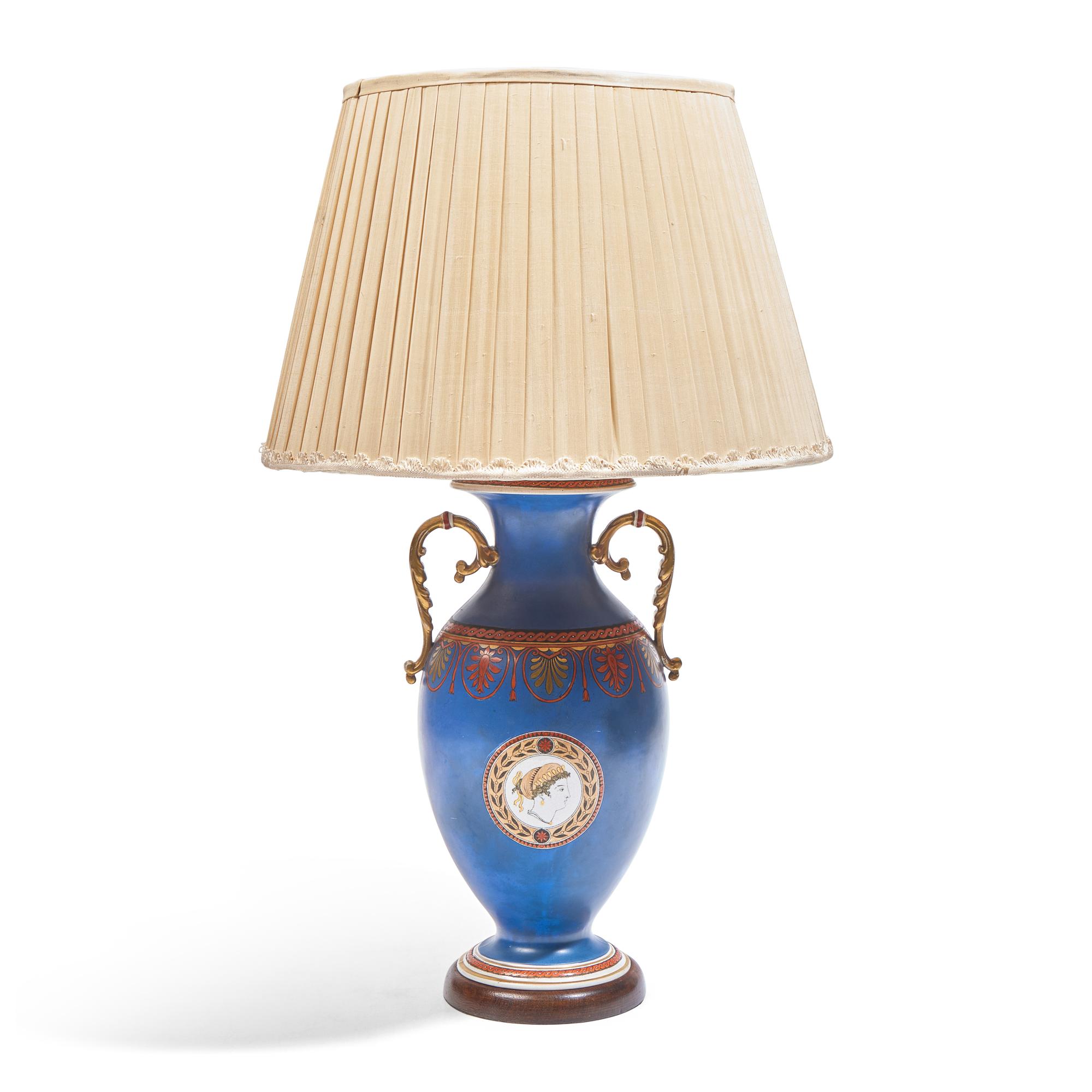 A Greek Revival Parcel Gilt Porcelain Vasiform Lamp