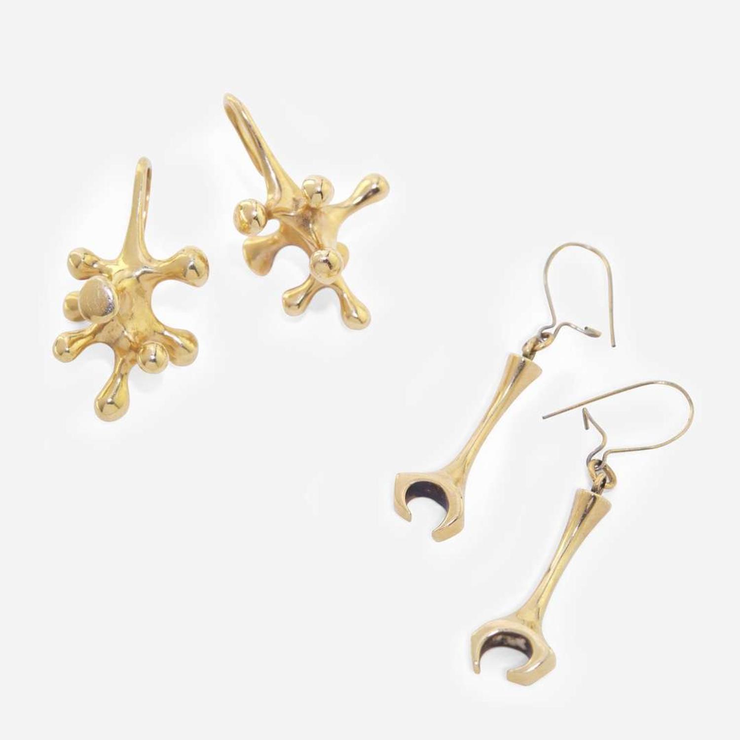 Donald Wright (American, 1930-2012) Two Pairs of Gold Earrings, USA, circa 1980s