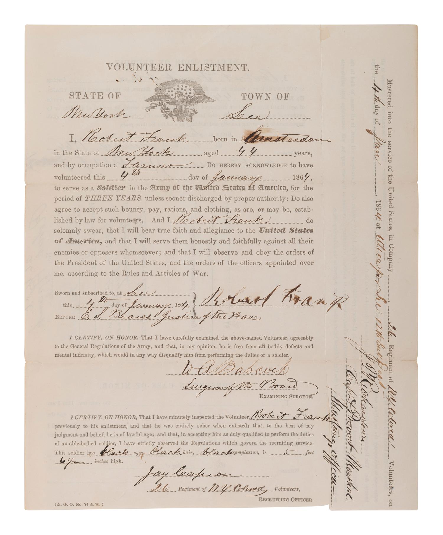 [AFRICAN AMERICANA - CIVIL WAR]. FRANK, Robert. Partly printed volunteer enlistment document, 26th New York Colored Volunteers, or 26th USCT. Lee, New York, 4 January 1864.