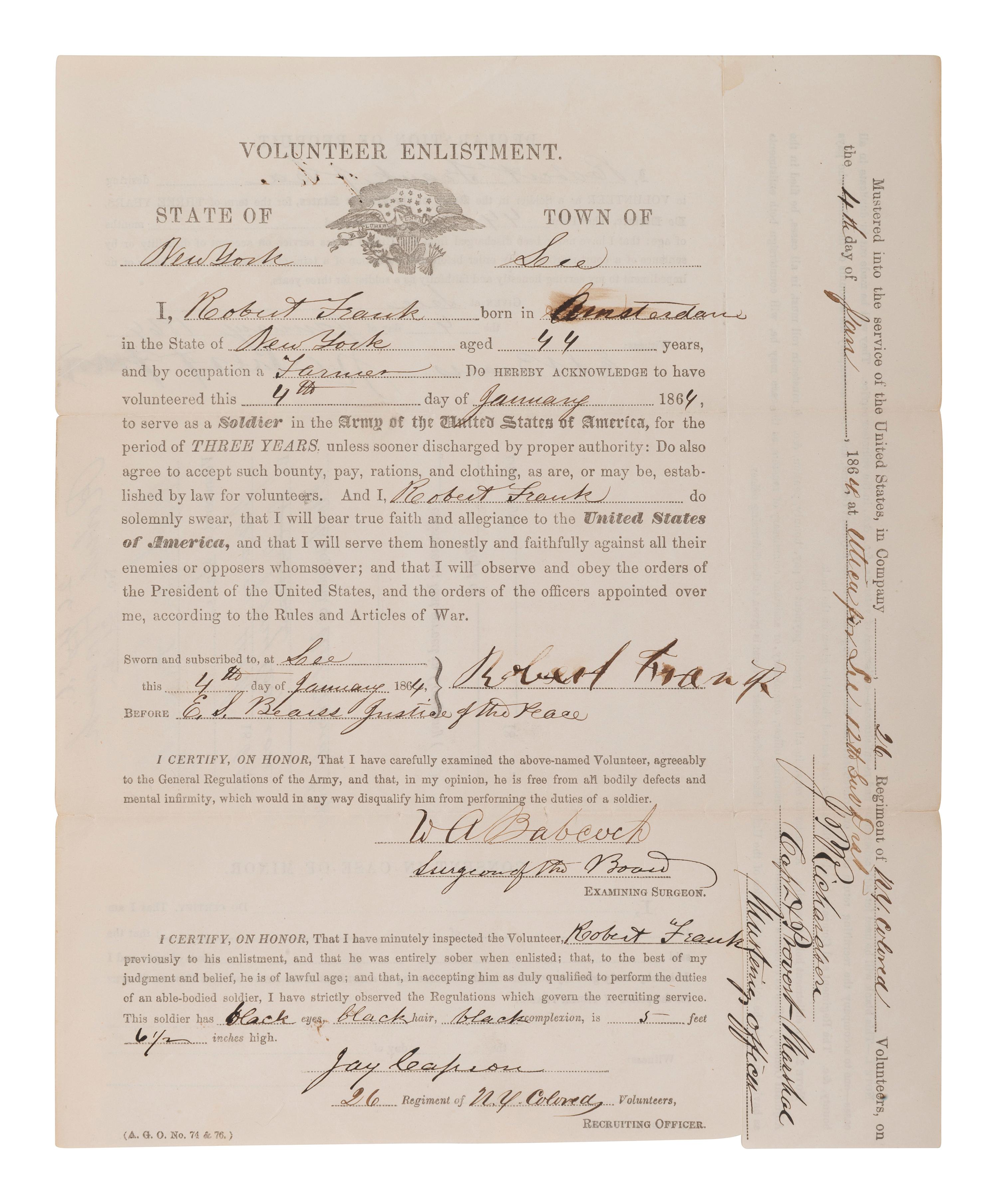 [AFRICAN AMERICANA - CIVIL WAR]. FRANK, Robert. Partly printed volunteer enlistment document, 26th New York Colored Volunteers, or 26th USCT. Lee, New York, 4 January 1864.