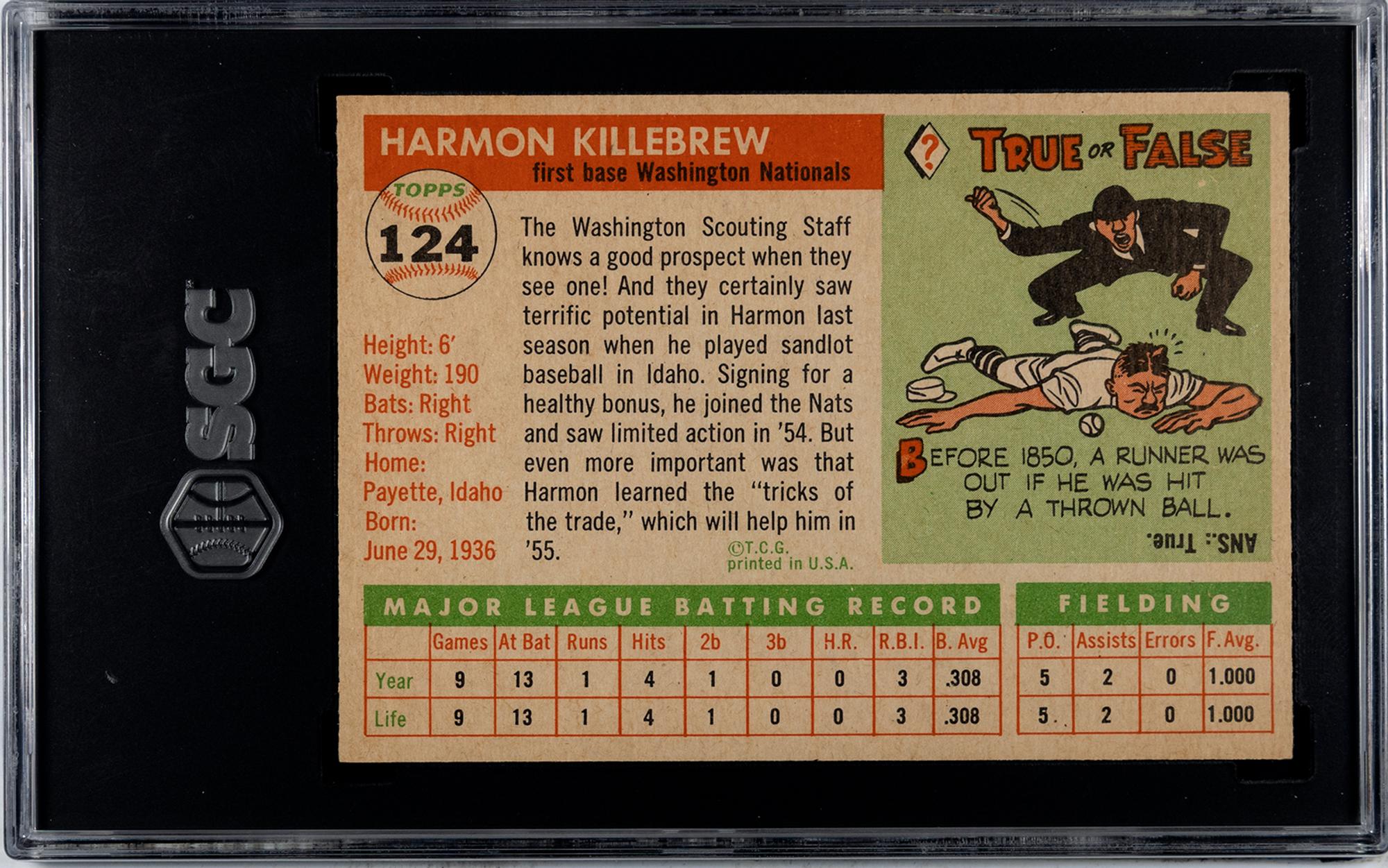 A 1955 Topps Harmon Killebrew Rookie Baseball Card No. 124 (SGC 6.5 EX/NM+)