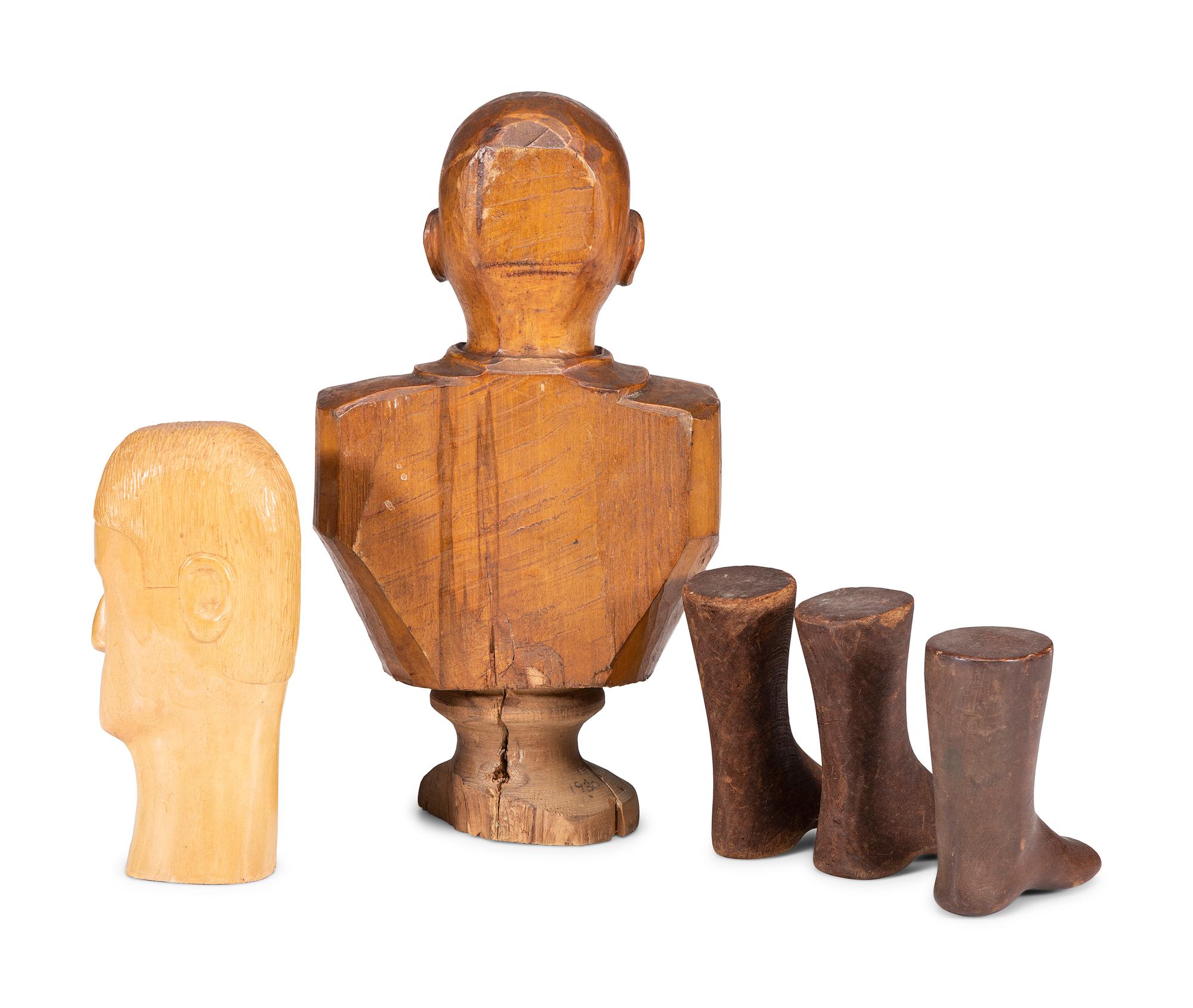 Two Folk Art Carved Wood Male Busts
