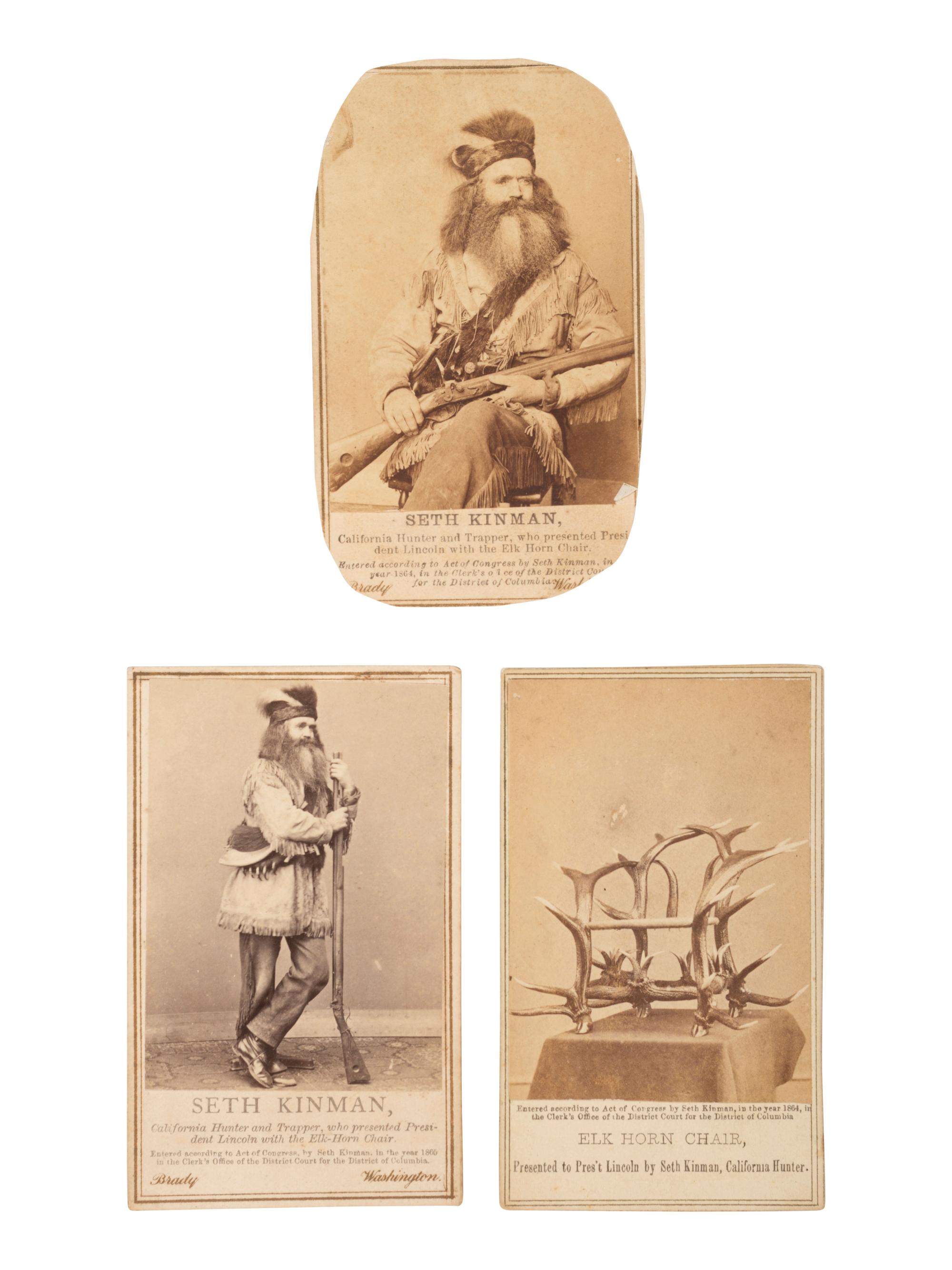 [LINCOLN, Abraham (1809-1865)]. 3 CDVs of Seth Kinman and his famous Elk Horn Chair.
