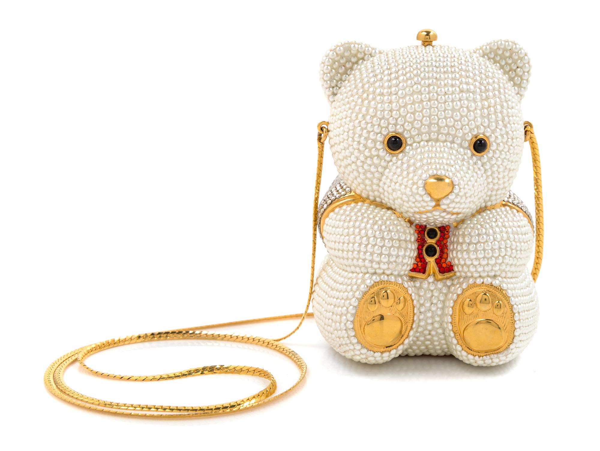 A Judith Leiber Polar Bear Minaudiere, 3.5" x 6" x 3"; Strap drop: 18.25" .