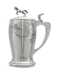 A Russian Silver Tankard, Mark of the 2nd Artel, Moscow, Early 20th Century, the domed lid with a later horse finial, the body engraved