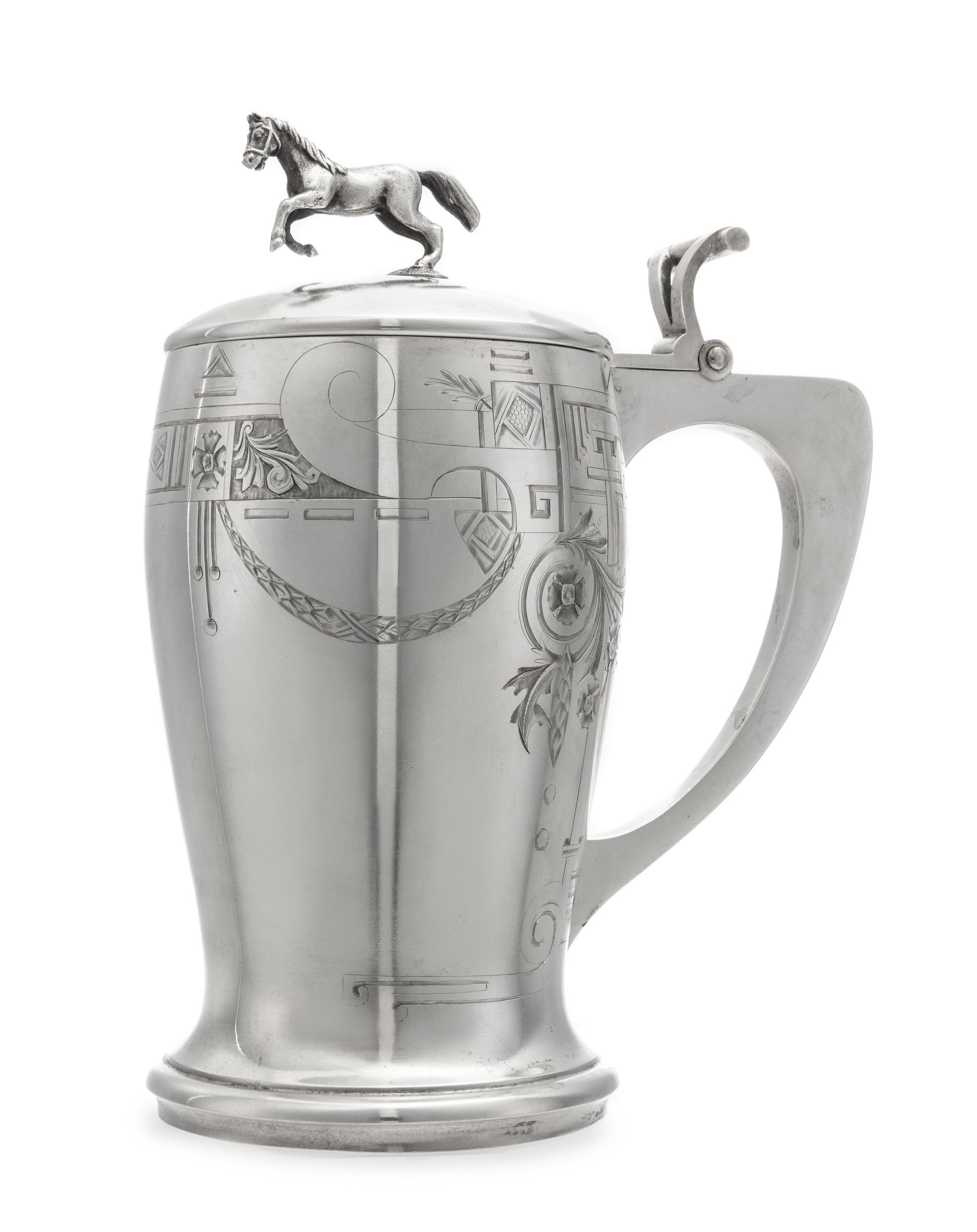 A Russian Silver Tankard, Mark of the 2nd Artel, Moscow, Early 20th Century, the domed lid with a later horse finial, the body engraved