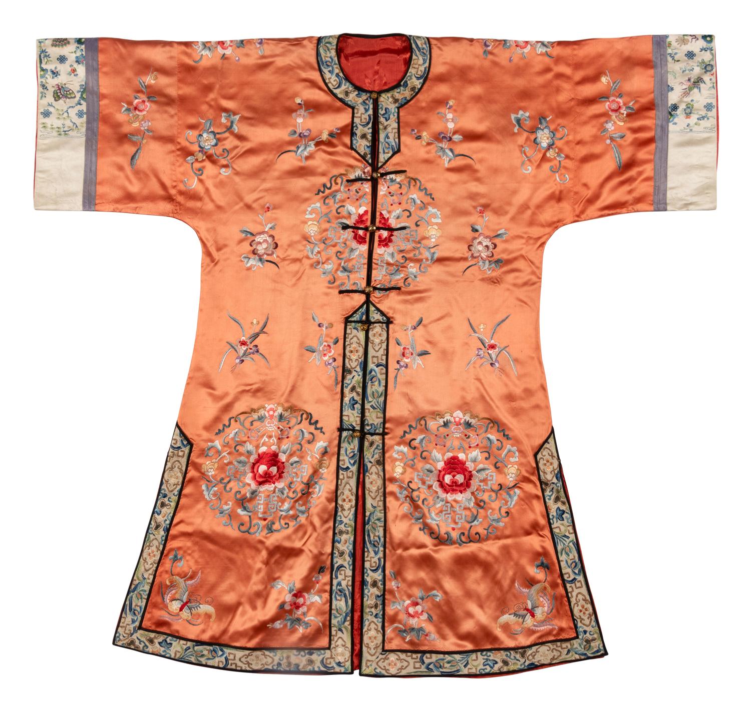 A Chinese Apricot Ground Embroidered Silk Lady's Robe