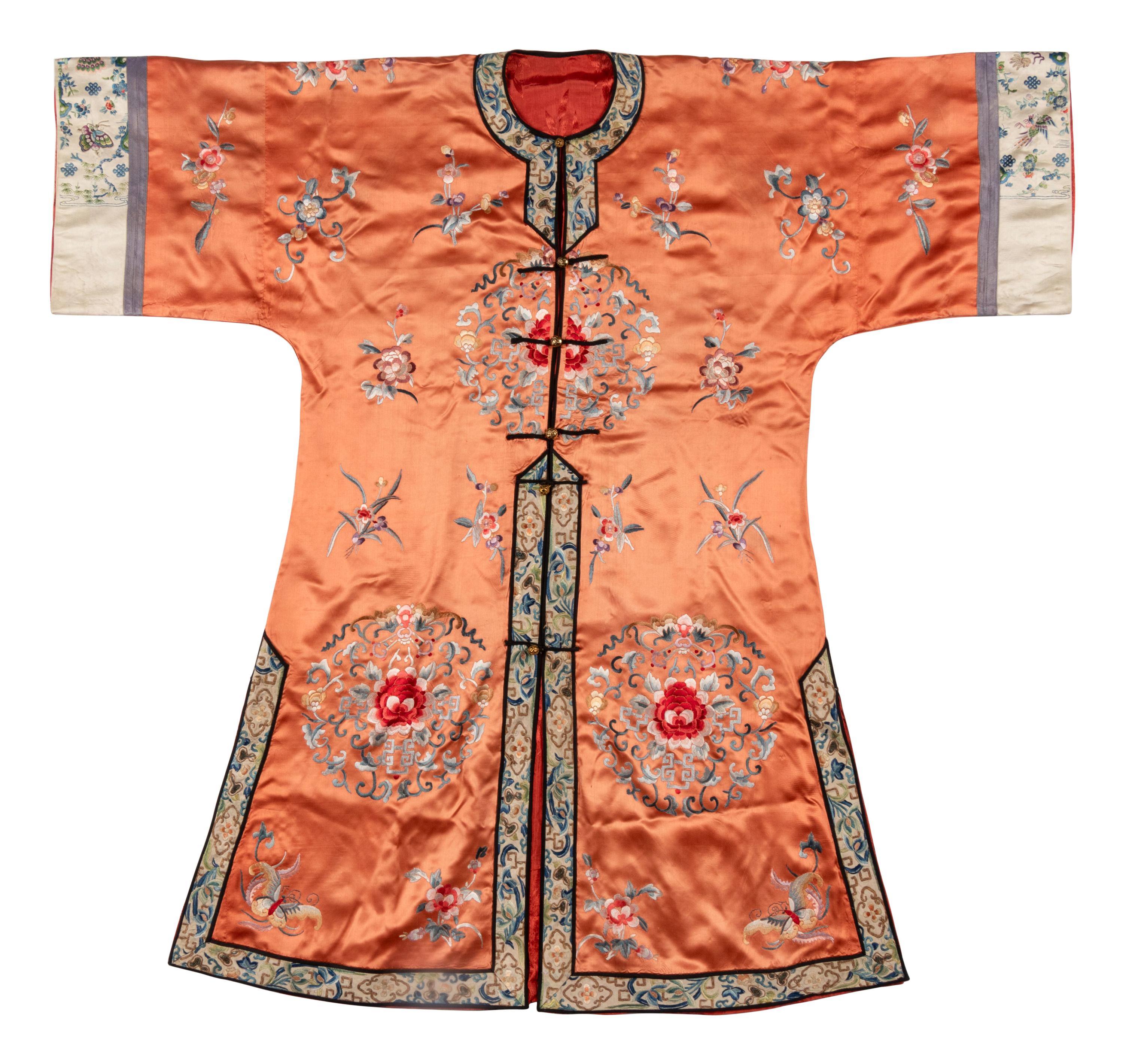 A Chinese Apricot Ground Embroidered Silk Lady's Robe
