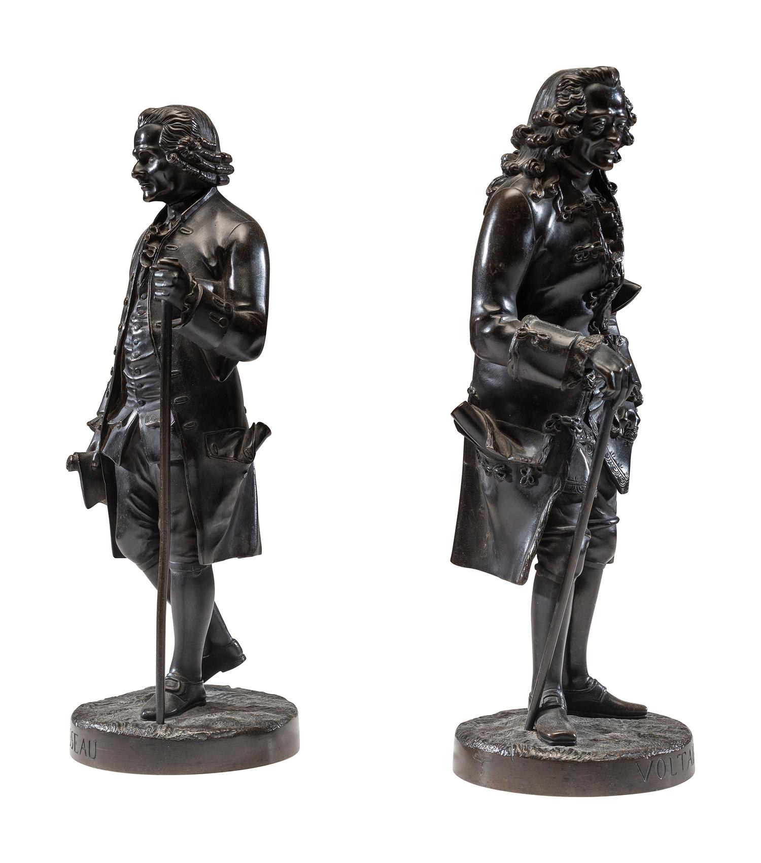 Two French Patinated Bronze Figures of Voltaire and Rousseau