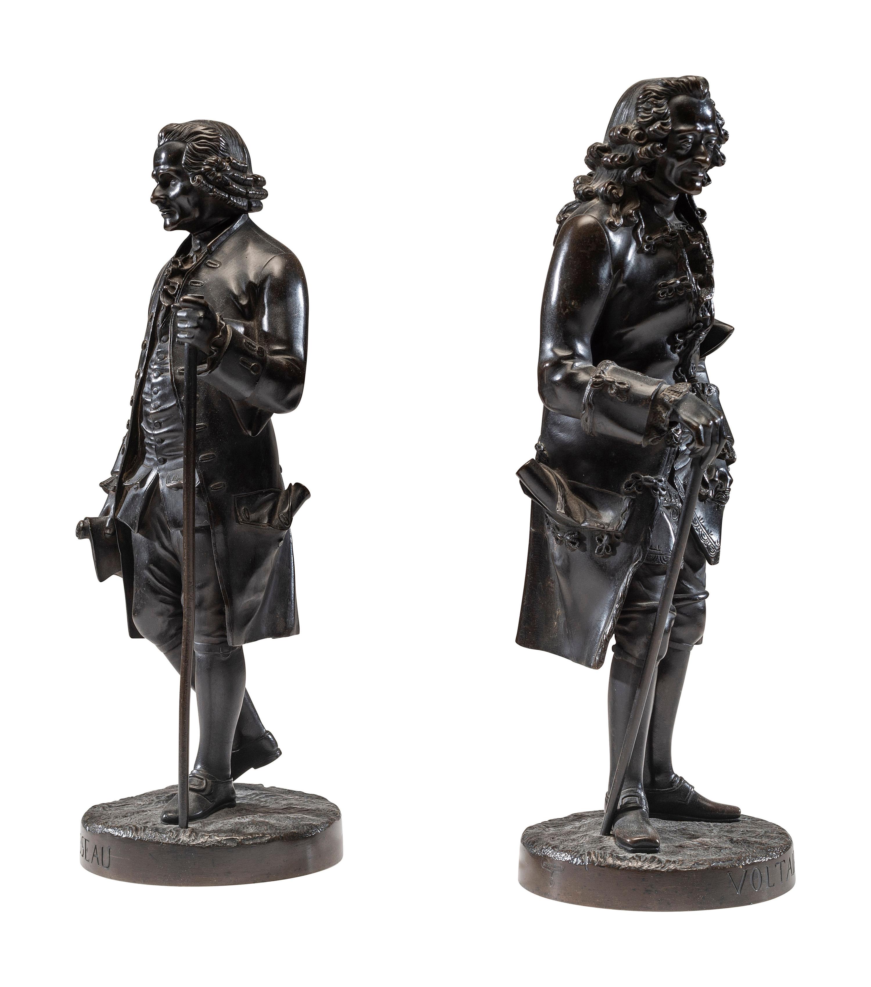 Two French Patinated Bronze Figures of Voltaire and Rousseau