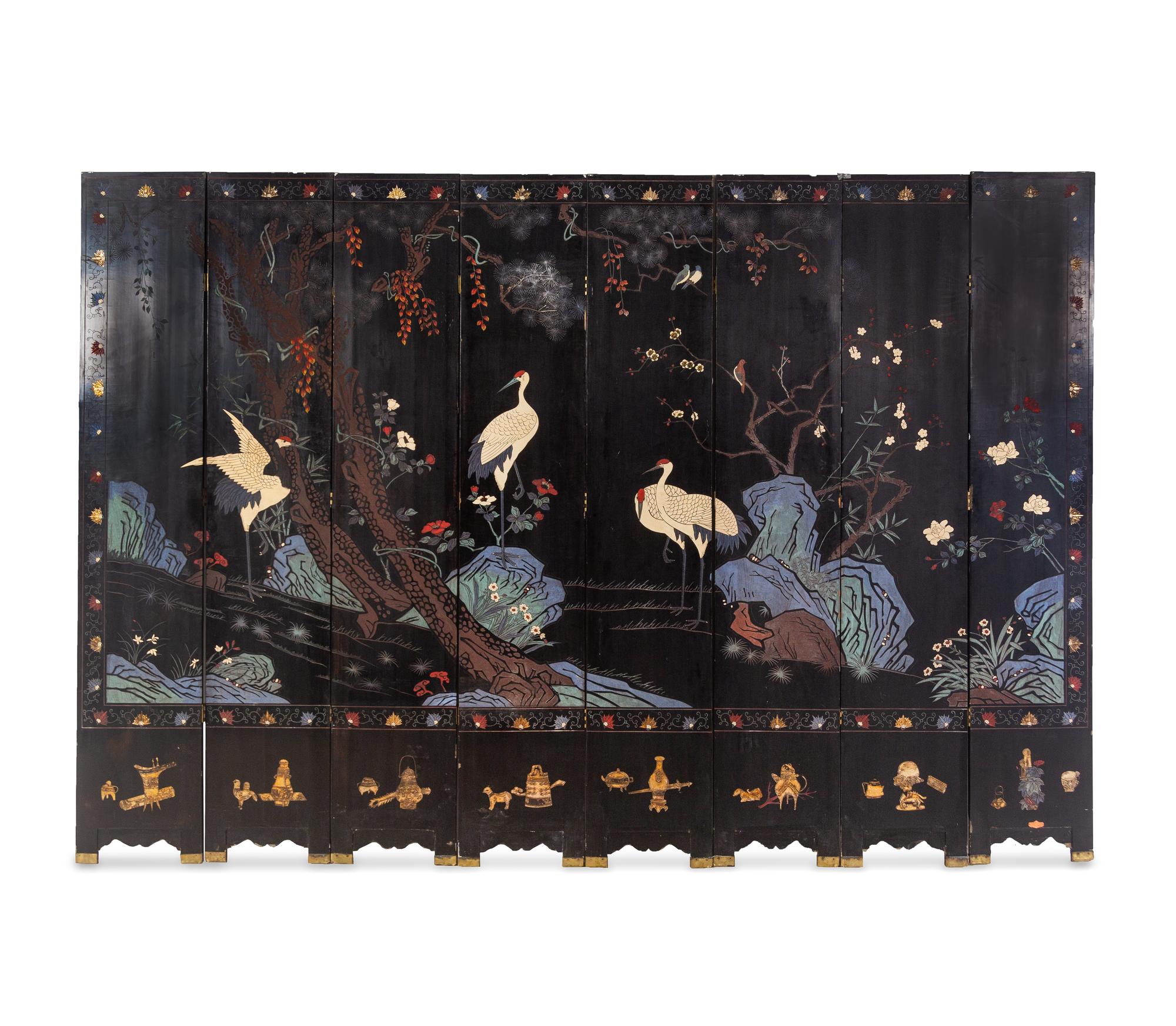 A Chinese Large Eight-Paneled Coromandel Lacquered Floor Screen