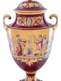 A Vienna Style Painted and Parcel Gilt Porcelain Covered Urn