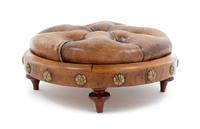 A Button Tufted Leather Upholstered Stool Height 5 1/2 x diameter 13 inches. — LATE 19TH/EARLY 20TH CENTURY