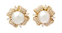 A Pair of 18 Karat Yellow Gold, Diamond and Cultured South Sea Pearl Earclips, Trio, 18.15 dwts.