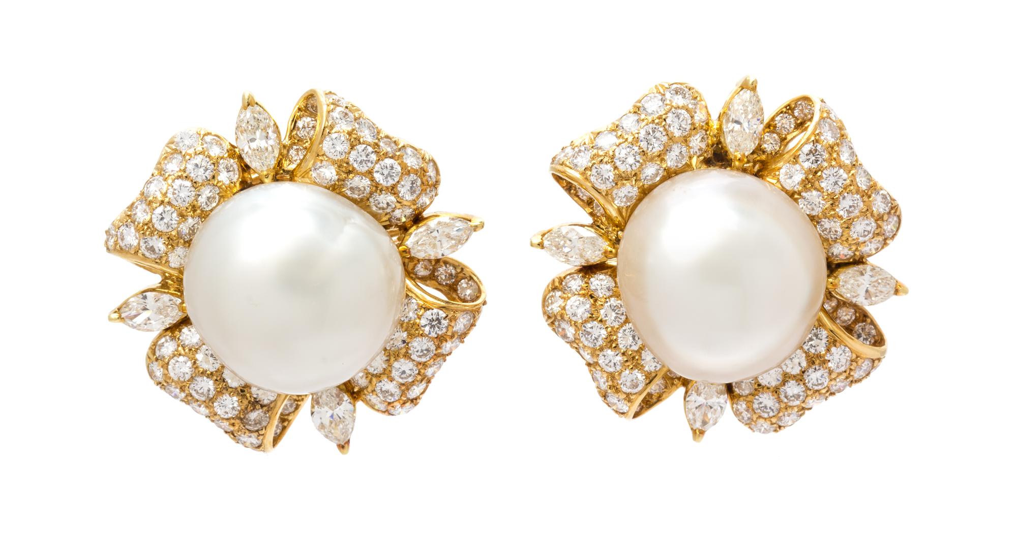 A Pair of 18 Karat Yellow Gold, Diamond and Cultured South Sea Pearl Earclips, Trio, 18.15 dwts.