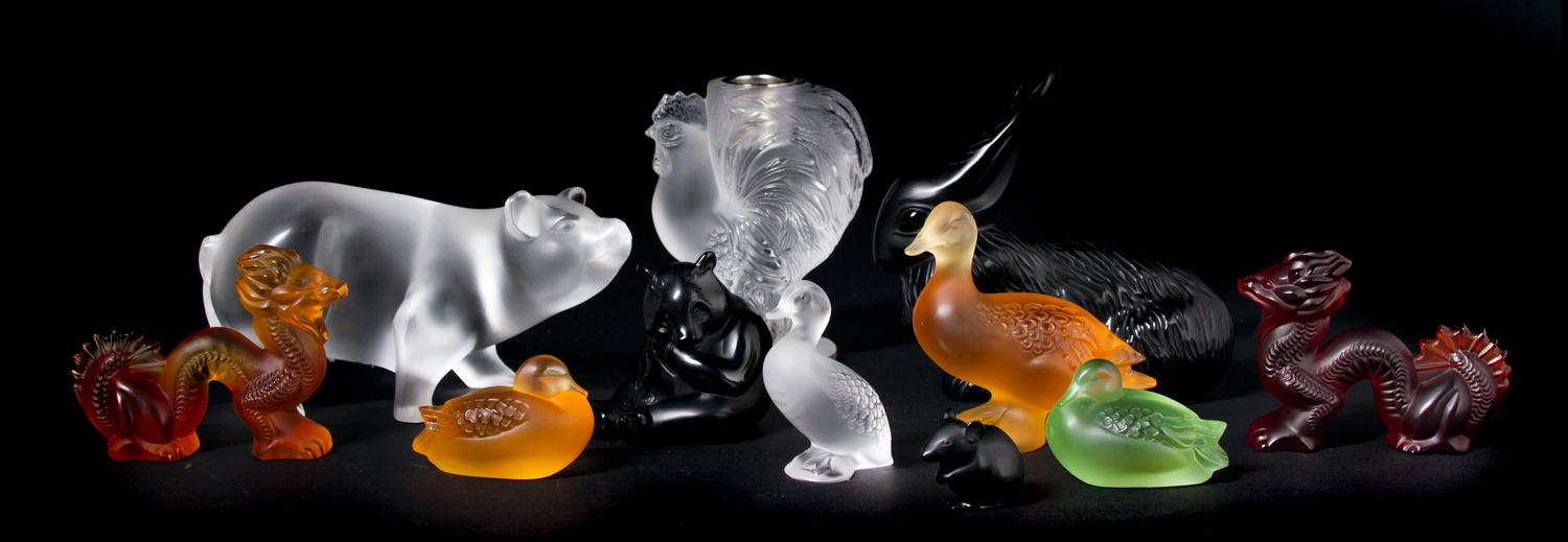 Eleven Lalique Molded and Frosted Glass Animals, Height of tallest 5 1/8 inches.