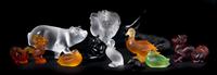 Eleven Lalique Molded and Frosted Glass Animals, Height of tallest 5 1/8 inches.