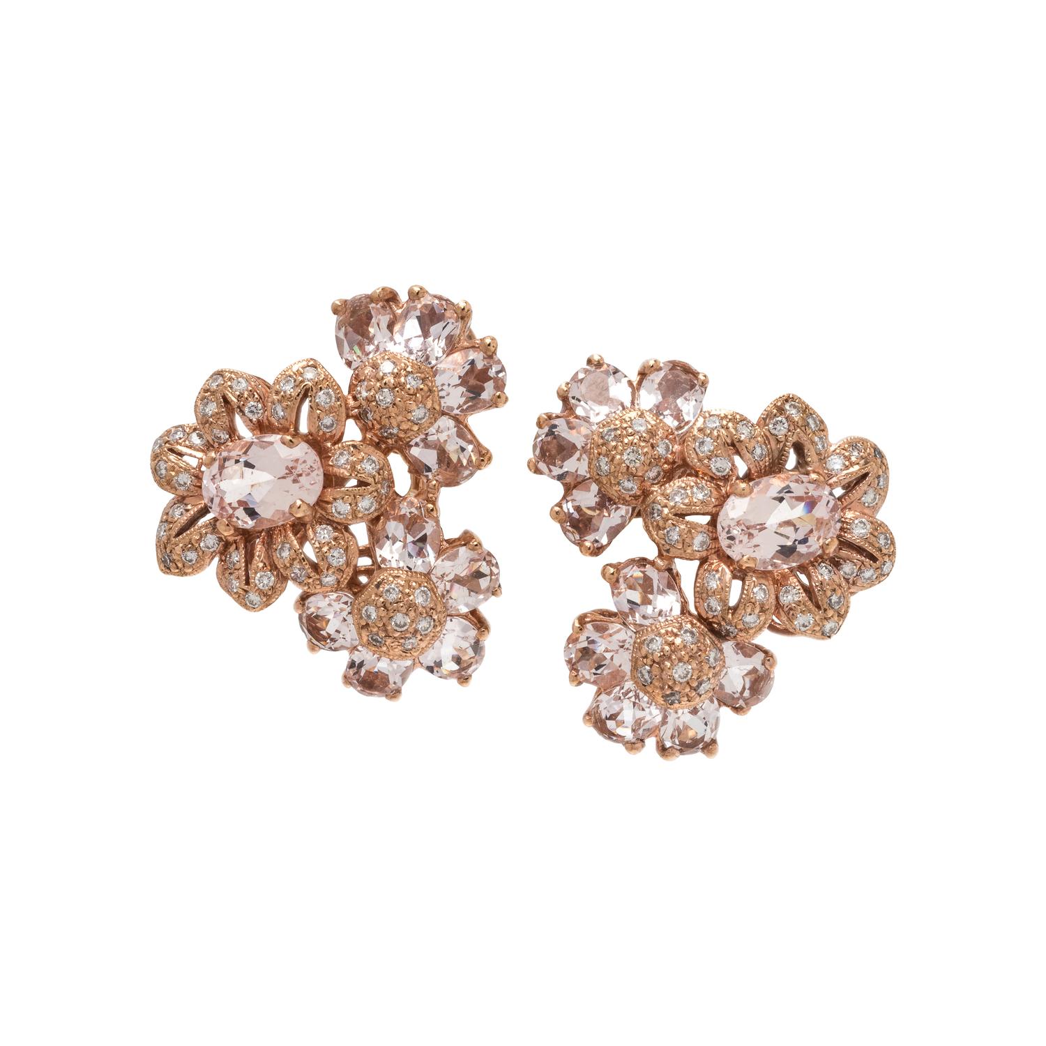 MORGANITE AND DIAMOND FLOWER EARCLIPS