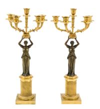 A Pair of Empire Style Gilt and Patinated Bronze Five-Light Figural Candelabra Height 20 inches.