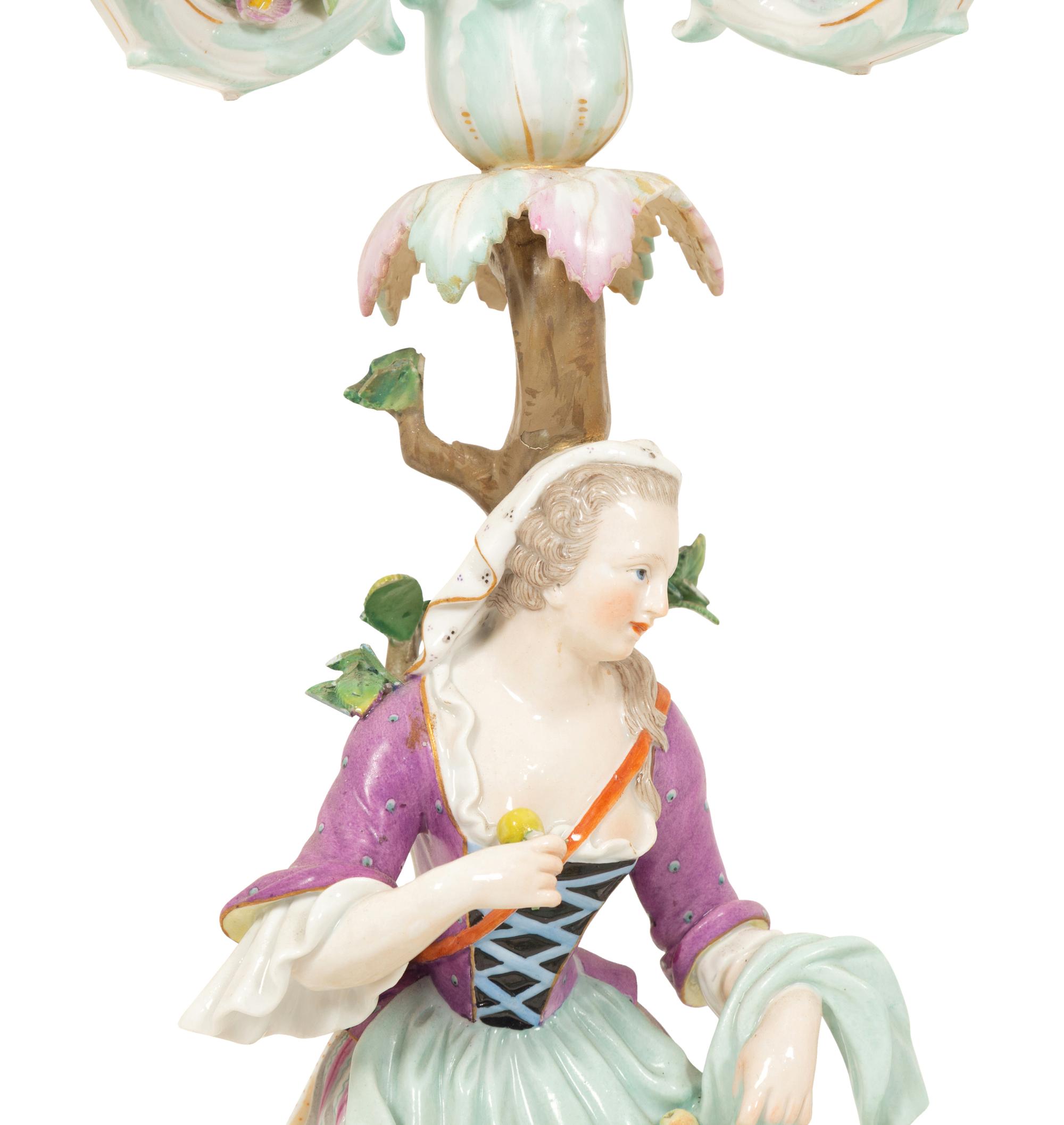 A Pair of Meissen Porcelain Figural Candelabra