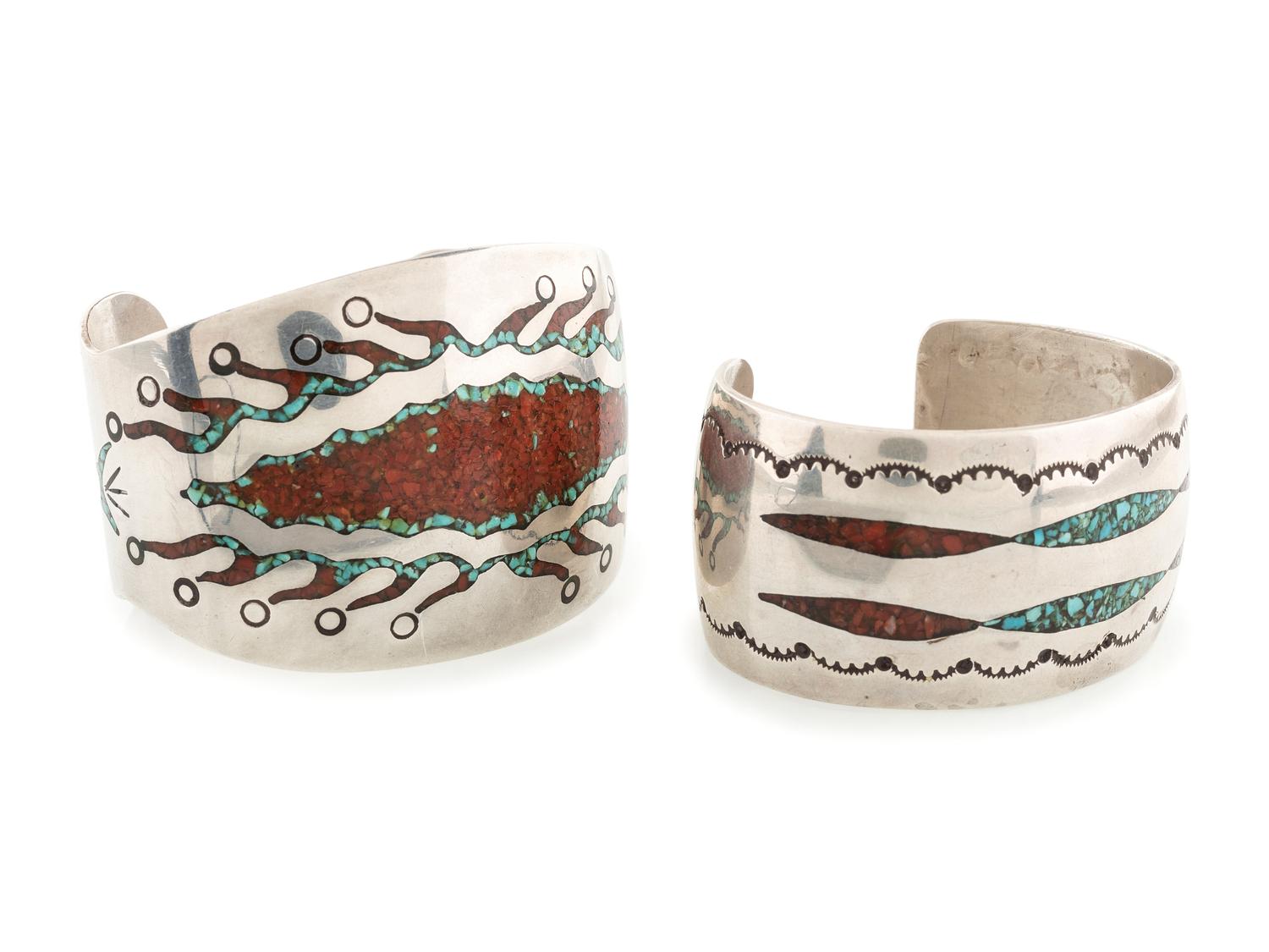Navajo Silver Cuff Bracelets with Turquoise and Coral Chip Inlay