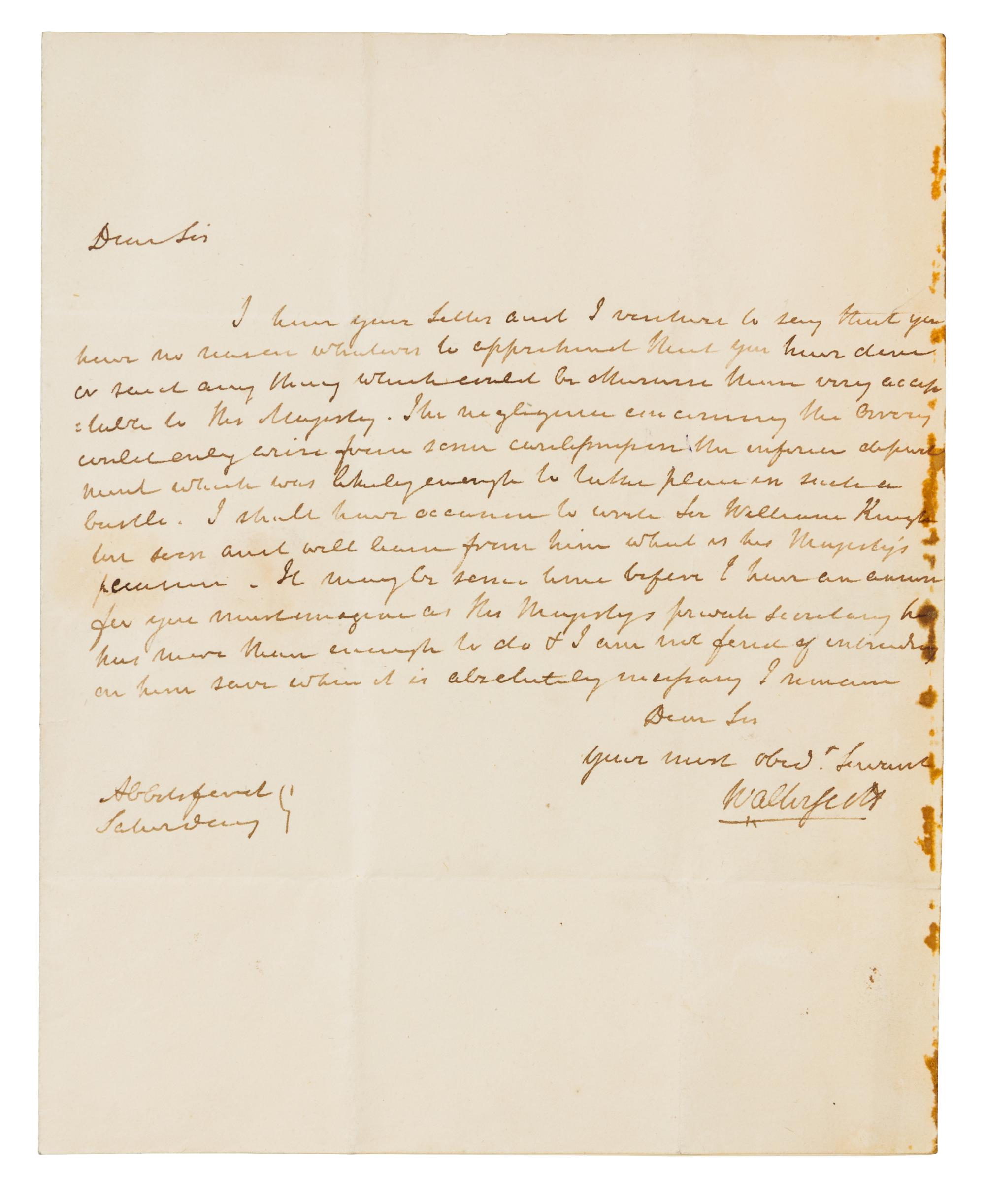 SCOTT, Walter, Sir (1771-1832). Autograph letter signed ("Walter Scott"), to Mr. Aylvin. Abotsford, Saturday, n.d.