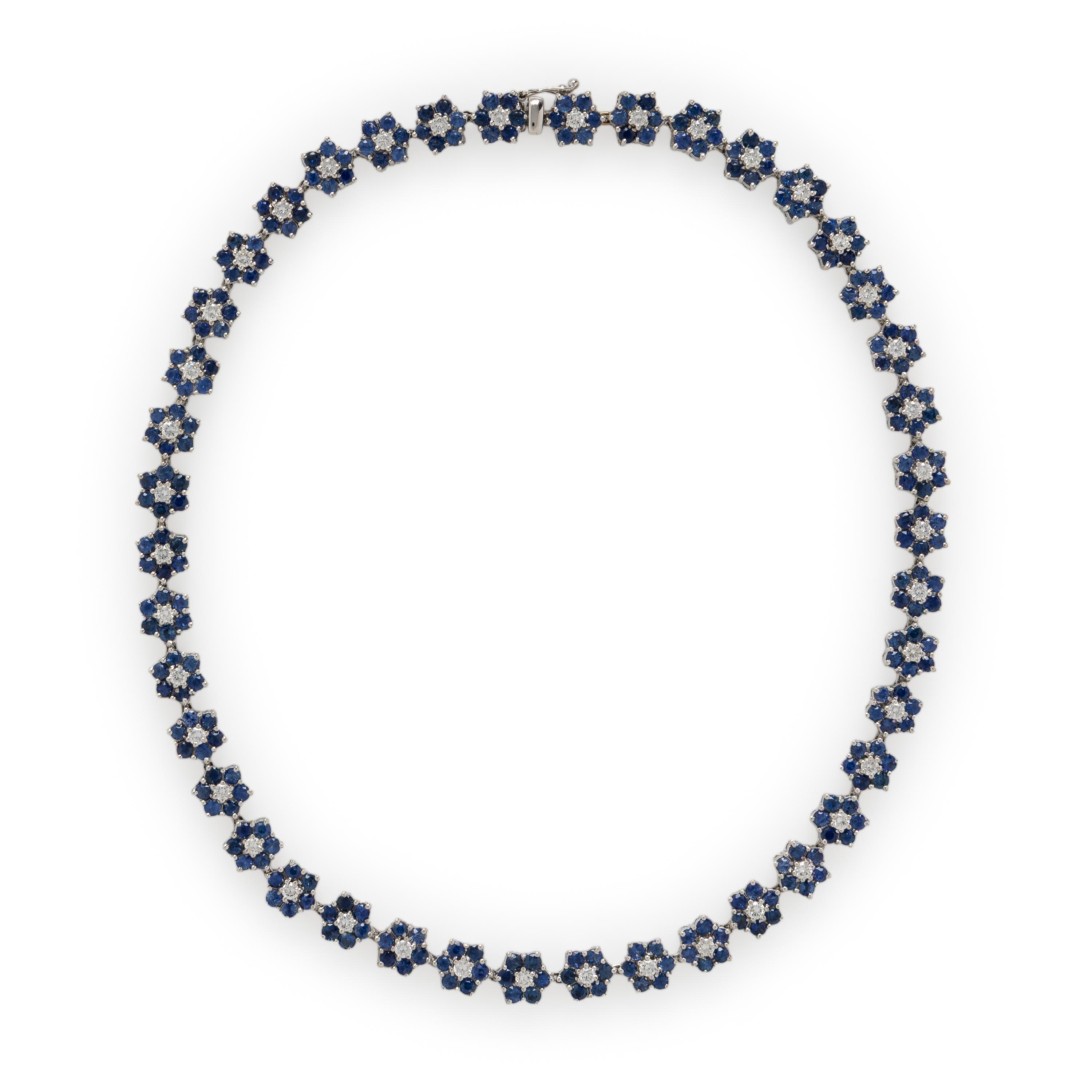 Diamond. Sapphire, and White Gold Flower Necklace