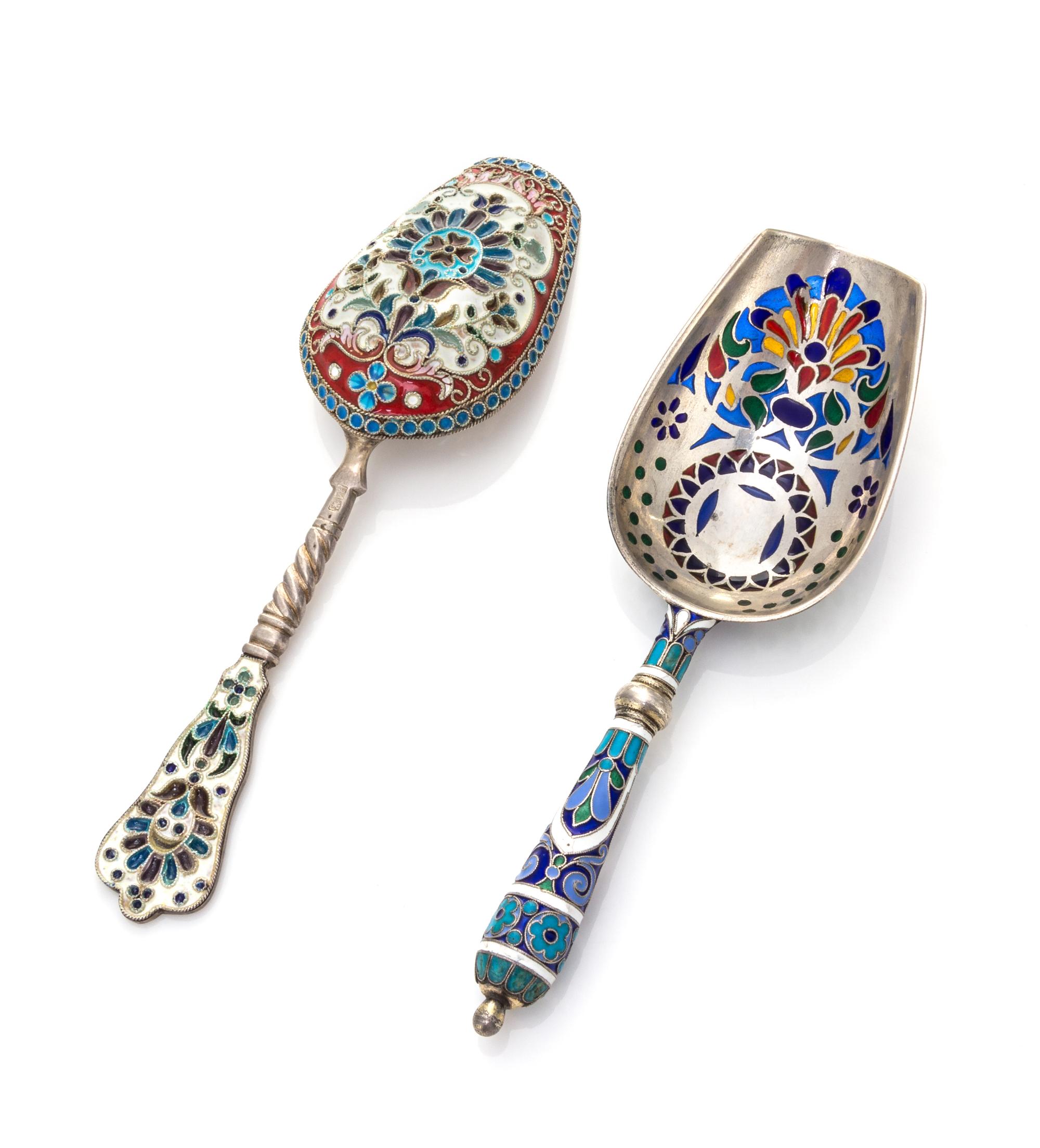 Two Russian Silver and Plique-a-Jour Sugar Scoops, Mark of Antip Kuzmichev, Moscow, Late 19th/Early 20th Century and other, having a po