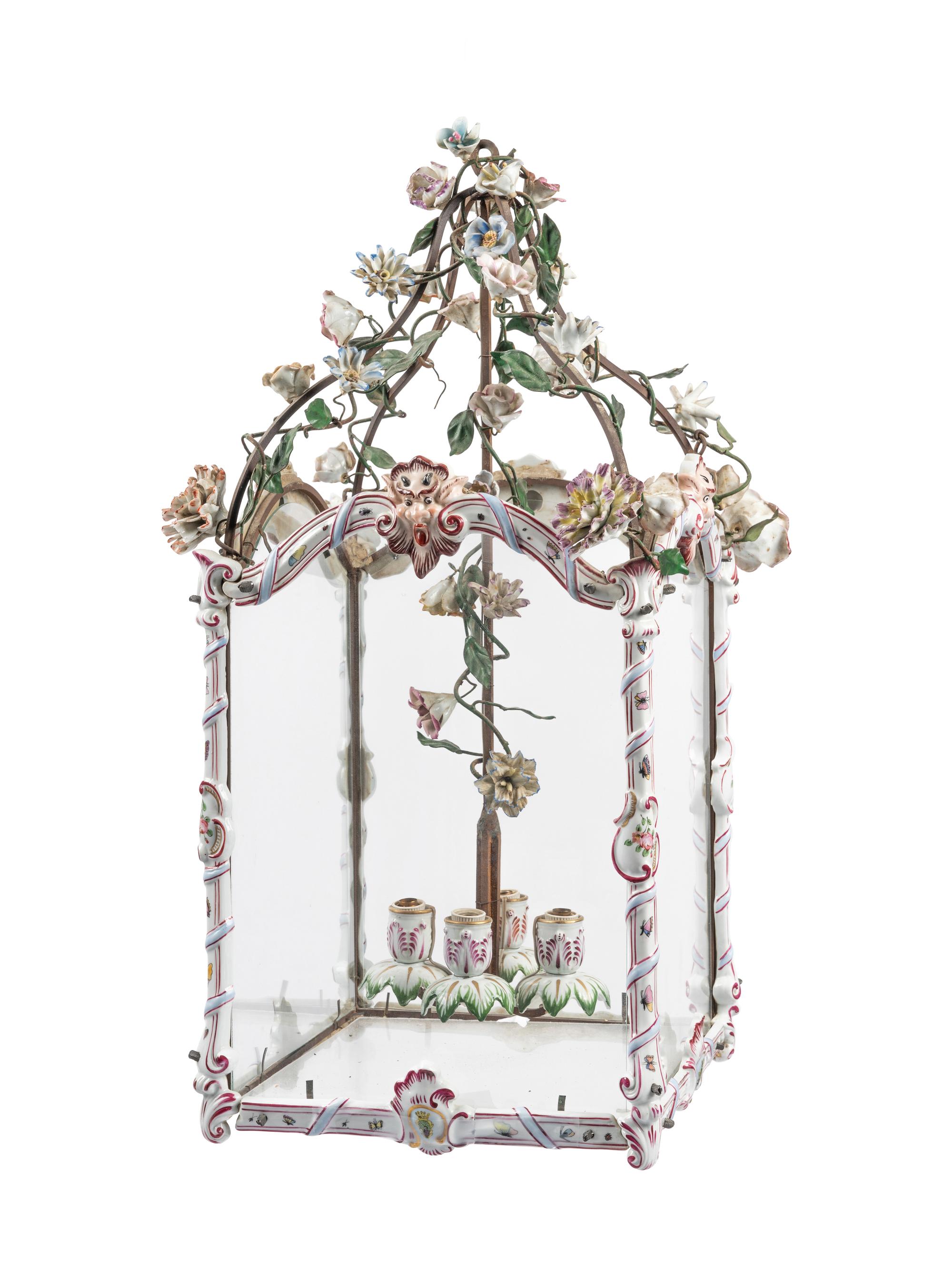 A French Gilt Metal, Porcelain and Tôle Four-Light Lantern