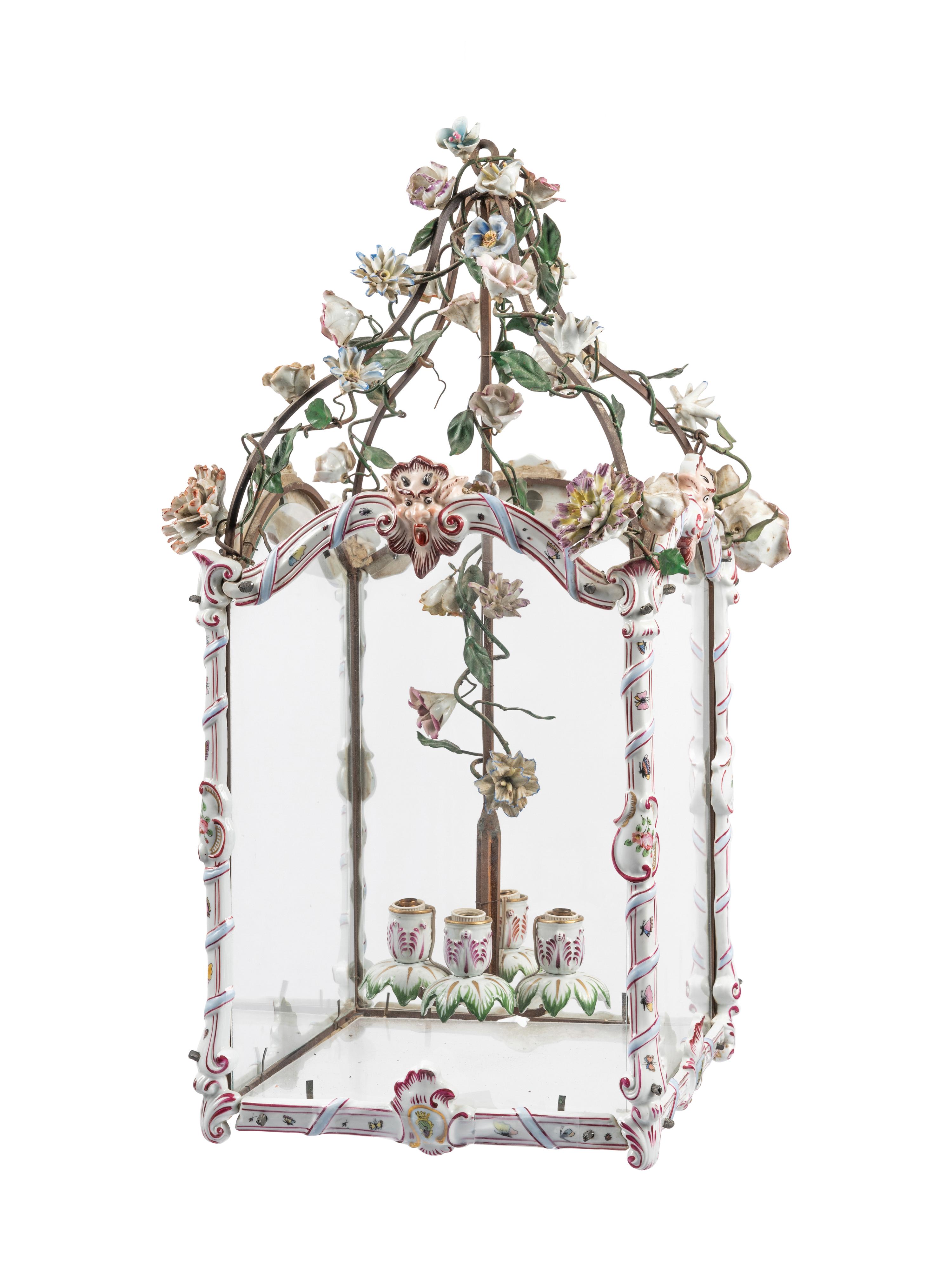 A French Gilt Metal, Porcelain and Tôle Four-Light Lantern