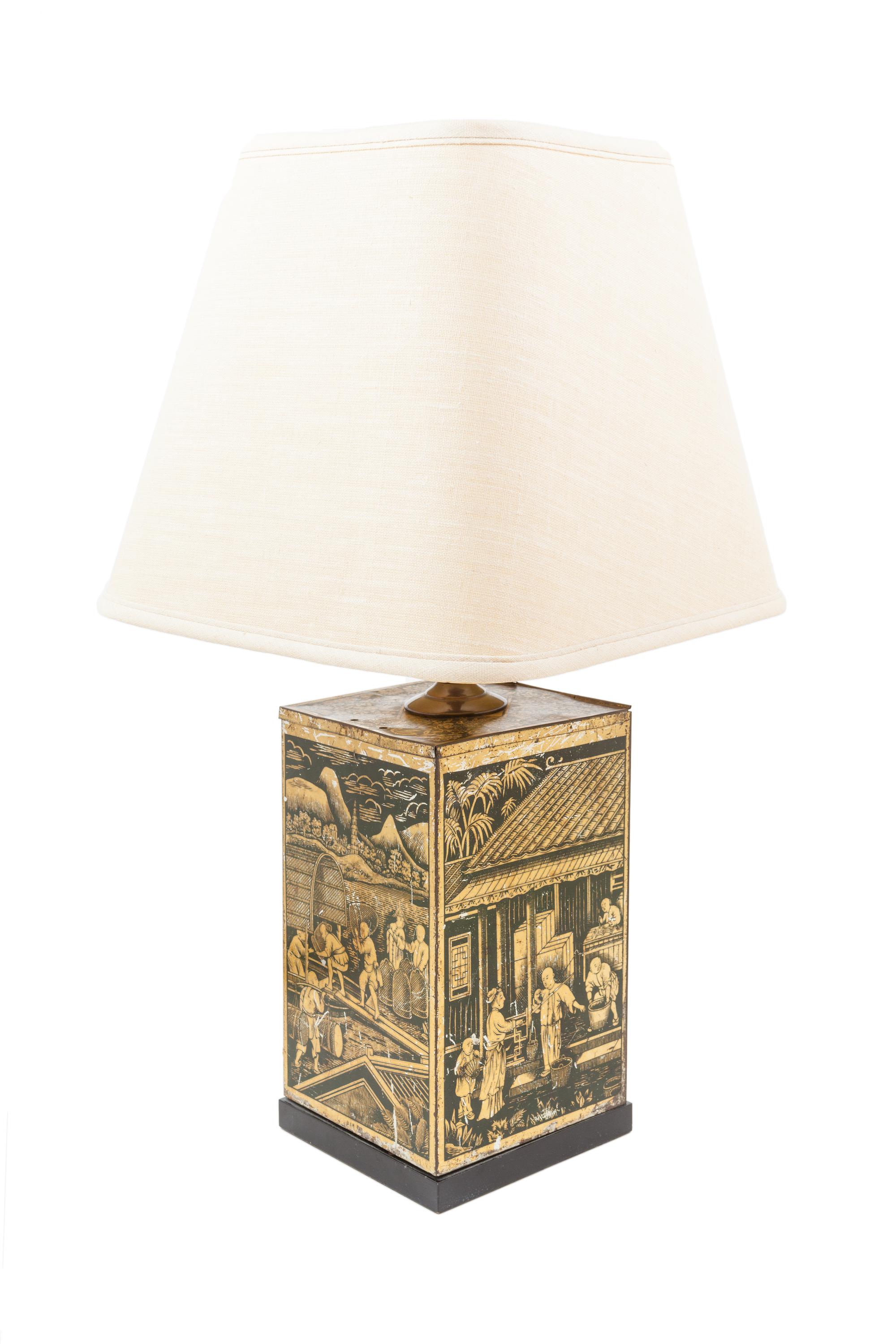 A Chinoiserie Decorated Tin Canister Mounted as a Lamp
