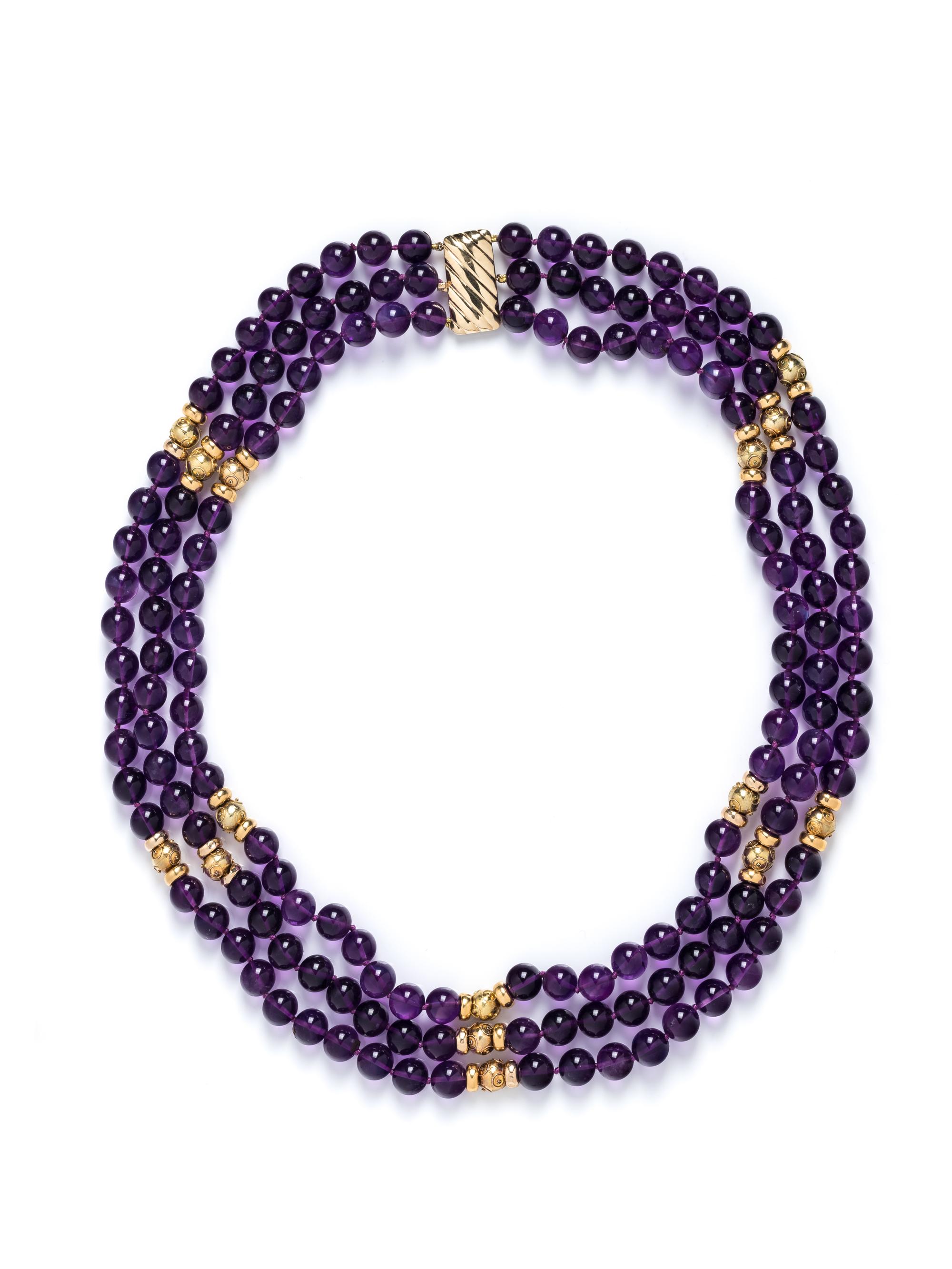 HONORA, YELLOW GOLD AND AMETHYST BEAD NECKLACE