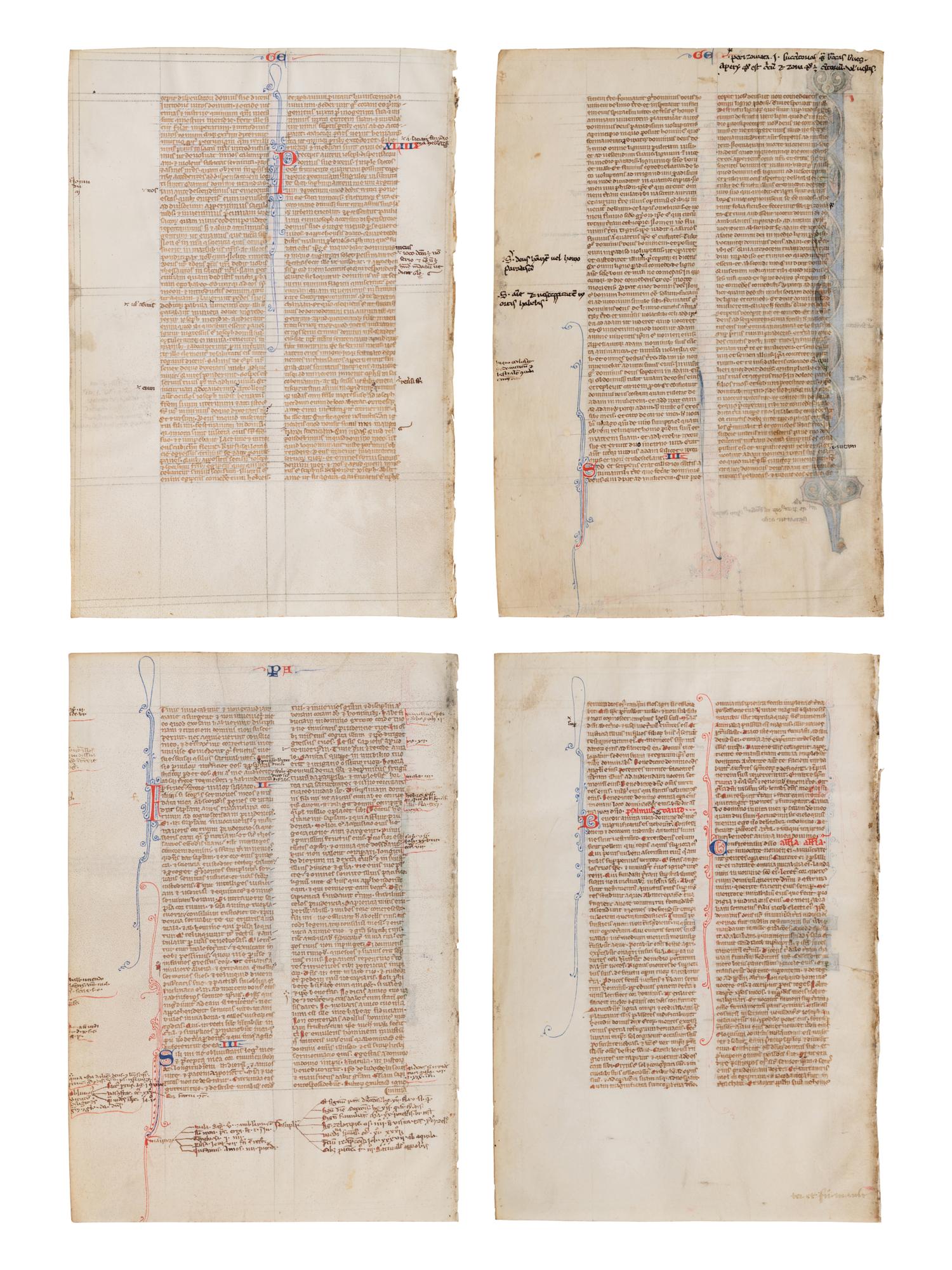 VIE DE SAINT DENIS ATELIER (active Paris, c. 1240-1260) Four leaves from a Bible, including one spectacular historiated initial ‘I’ of the Six Days of Creation and Christ Blessing, one historiated initial ‘D’ of David in Prayer, and one historiated initial D of Solomon with a rod, in Latin, illuminated manuscript on parchment [France, Paris, c. 1240-1260]
