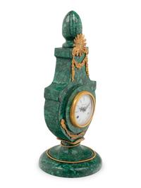An Empire Style Gilt Bronze Mounted Malachite Lyre-Form Clock