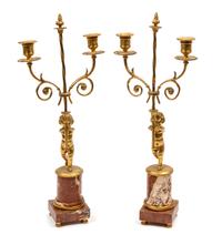 A Pair of Empire Style Gilt Bronze Two-Light Candelabra on Marble Bases
