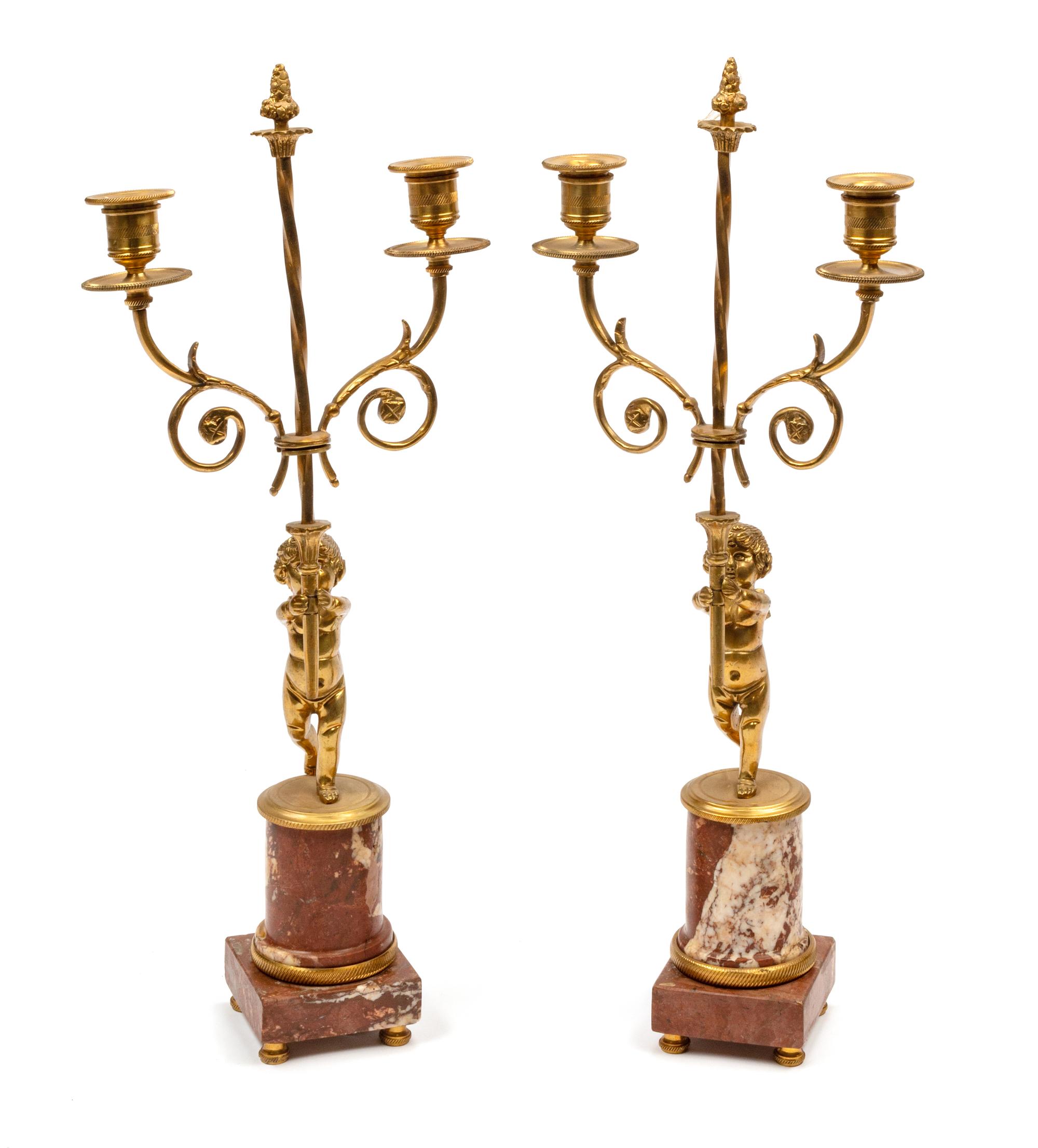 A Pair of Empire Style Gilt Bronze Two-Light Candelabra on Marble Bases