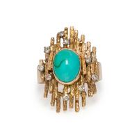 YELLOW GOLD, SYNTHETIC TURQUOISE AND DIAMOND RING