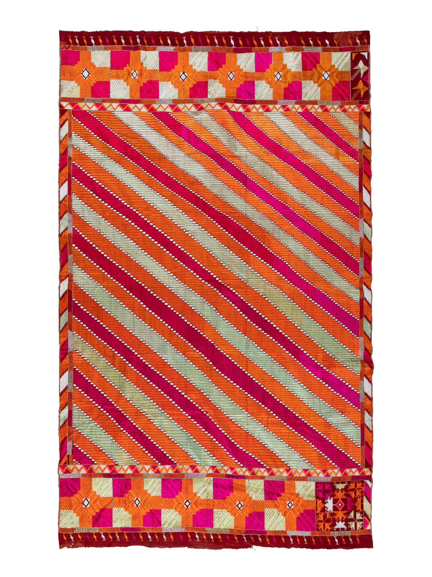 Two Indian Silk Embroidered Cotton Phulkari Shawls