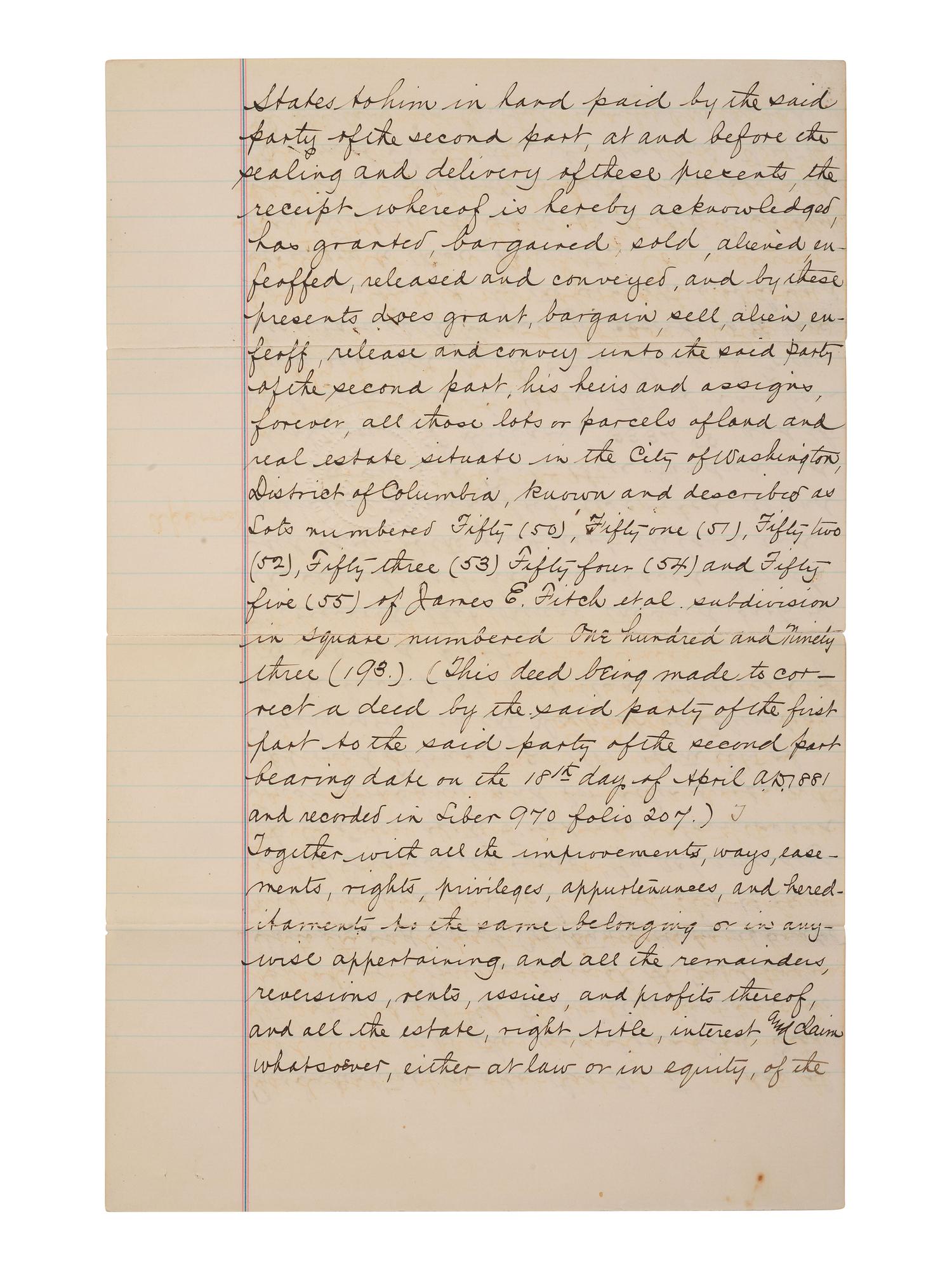 DOUGLASS, Frederick (ca 1818-1895). Land indenture involving the Freedman's Savings and Trust Company. Washington, DC, 4 June 1883. Signed by John Jay KNOX, Charles J. FOLGER, and Frederick DOUGLASS.