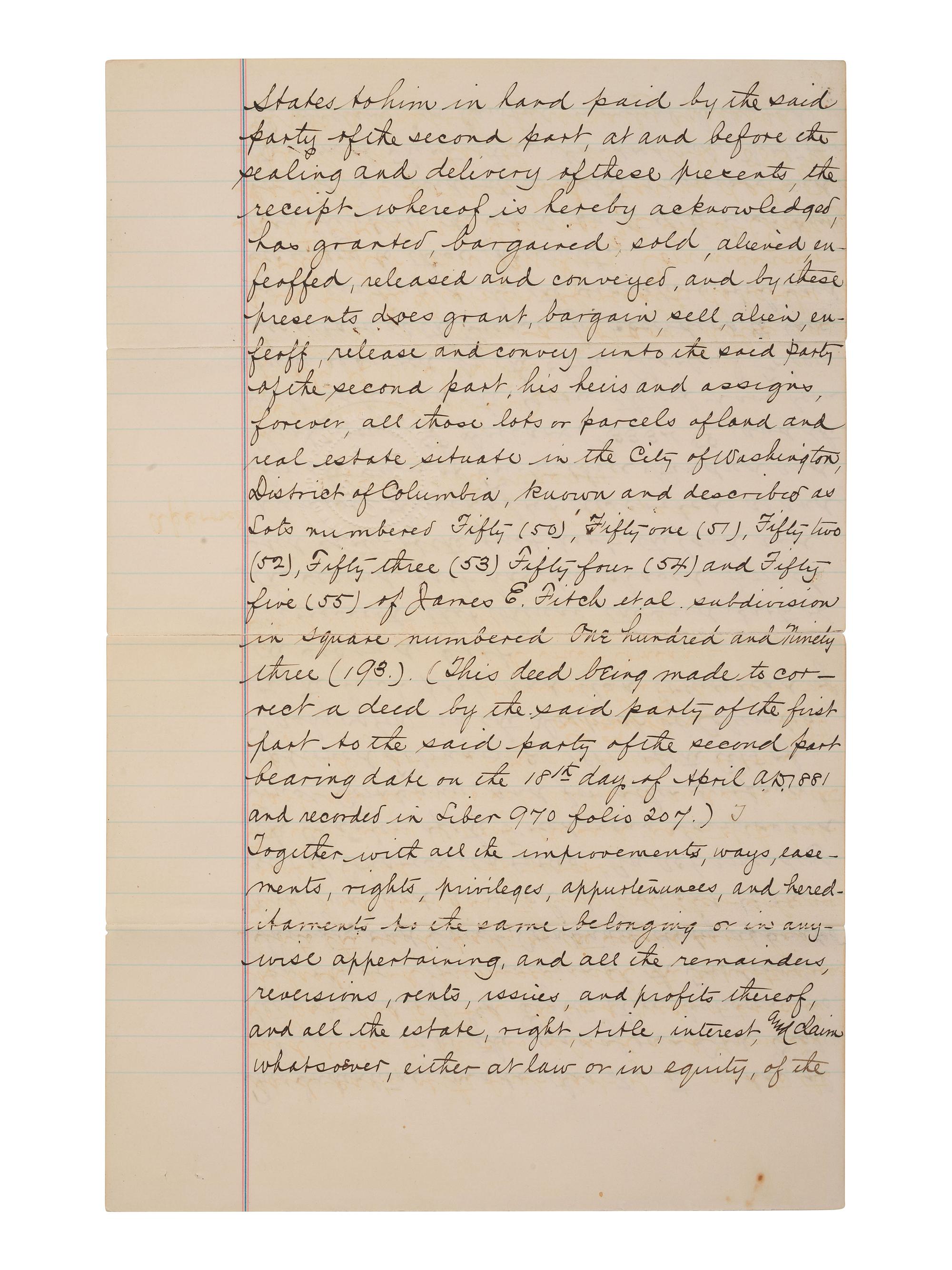 DOUGLASS, Frederick (ca 1818-1895). Land indenture involving the Freedman's Savings and Trust Company. Washington, DC, 4 June 1883. Signed by John Jay KNOX, Charles J. FOLGER, and Frederick DOUGLASS.
