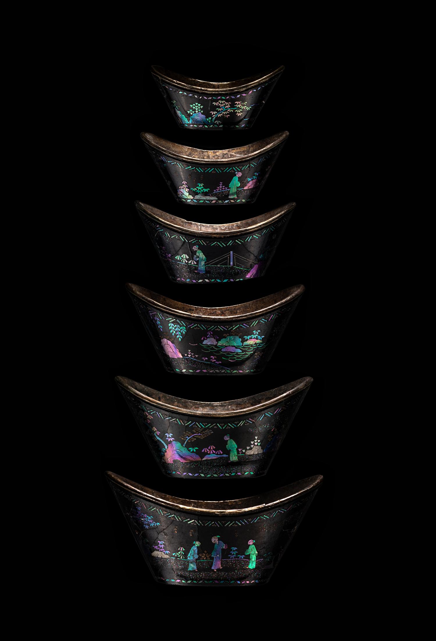 A Set of Six Mother-of-Pearl Inlaid Black Lacquer Ingot-Form Cups