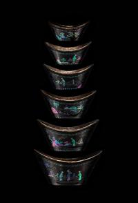 A Set of Six Mother-of-Pearl Inlaid Black Lacquer Ingot-Form Cups