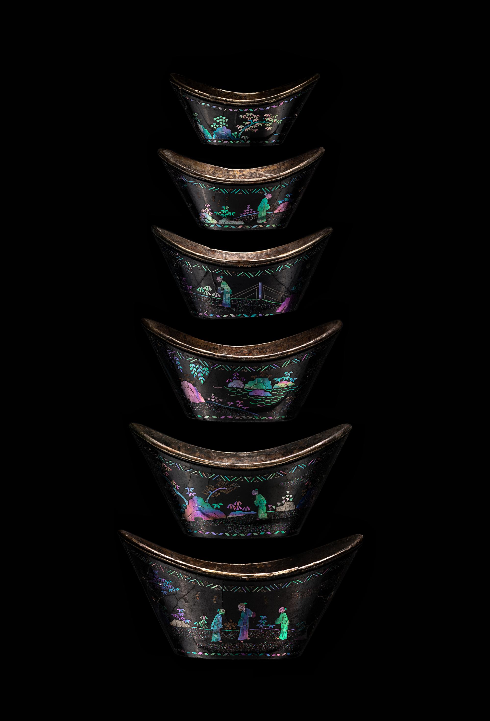 A Set of Six Mother-of-Pearl Inlaid Black Lacquer Ingot-Form Cups
