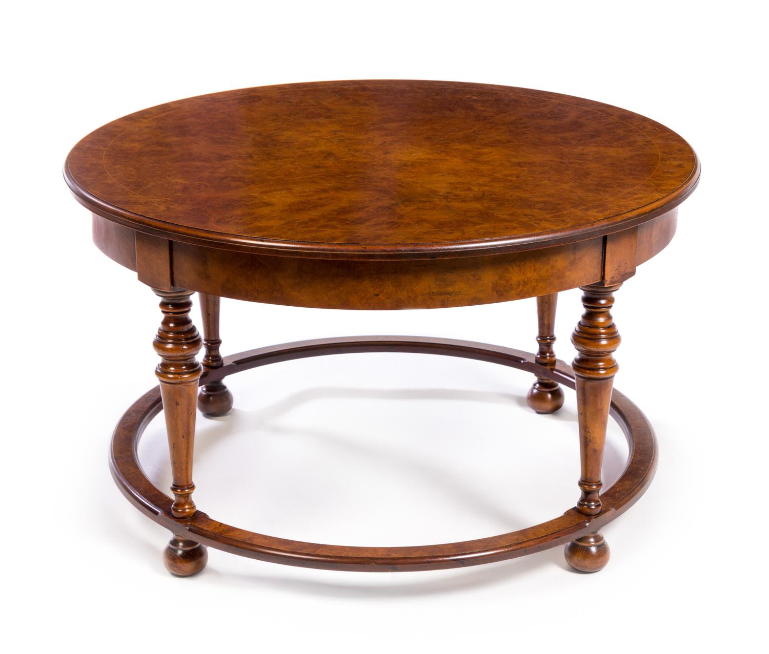 A Regency Style Burlwood Low Table Height 21 x diameter of top 35 1/2 inches. — 20TH CENTURY