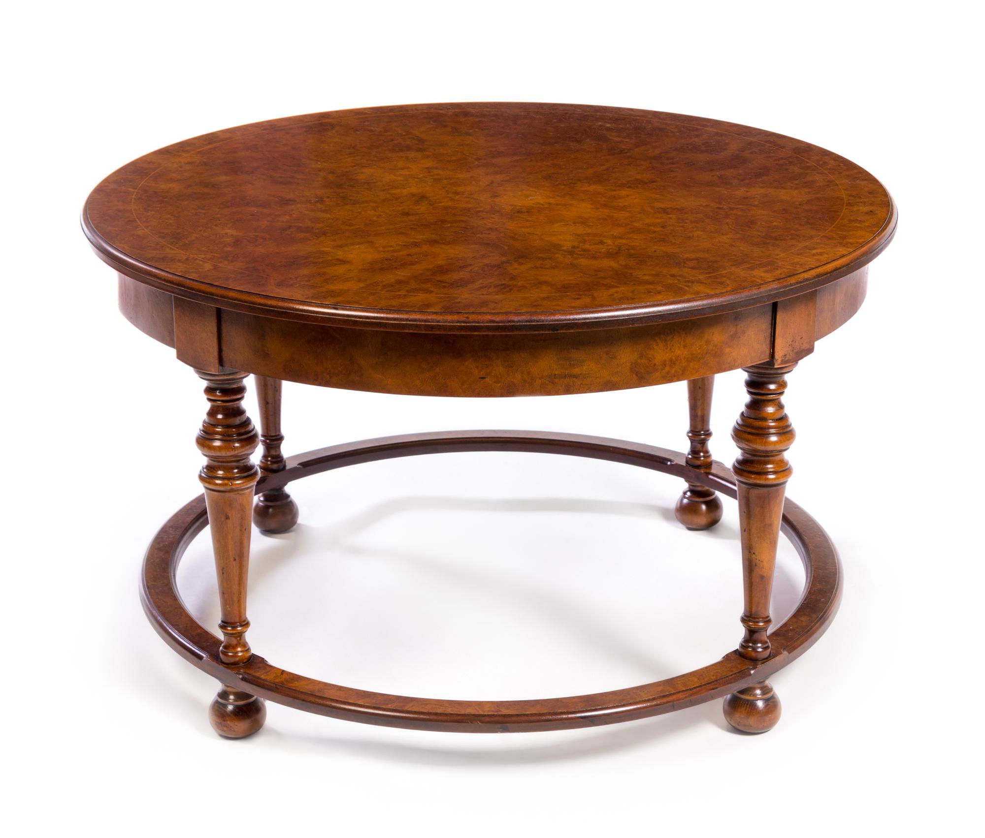 A Regency Style Burlwood Low Table Height 21 x diameter of top 35 1/2 inches. — 20TH CENTURY