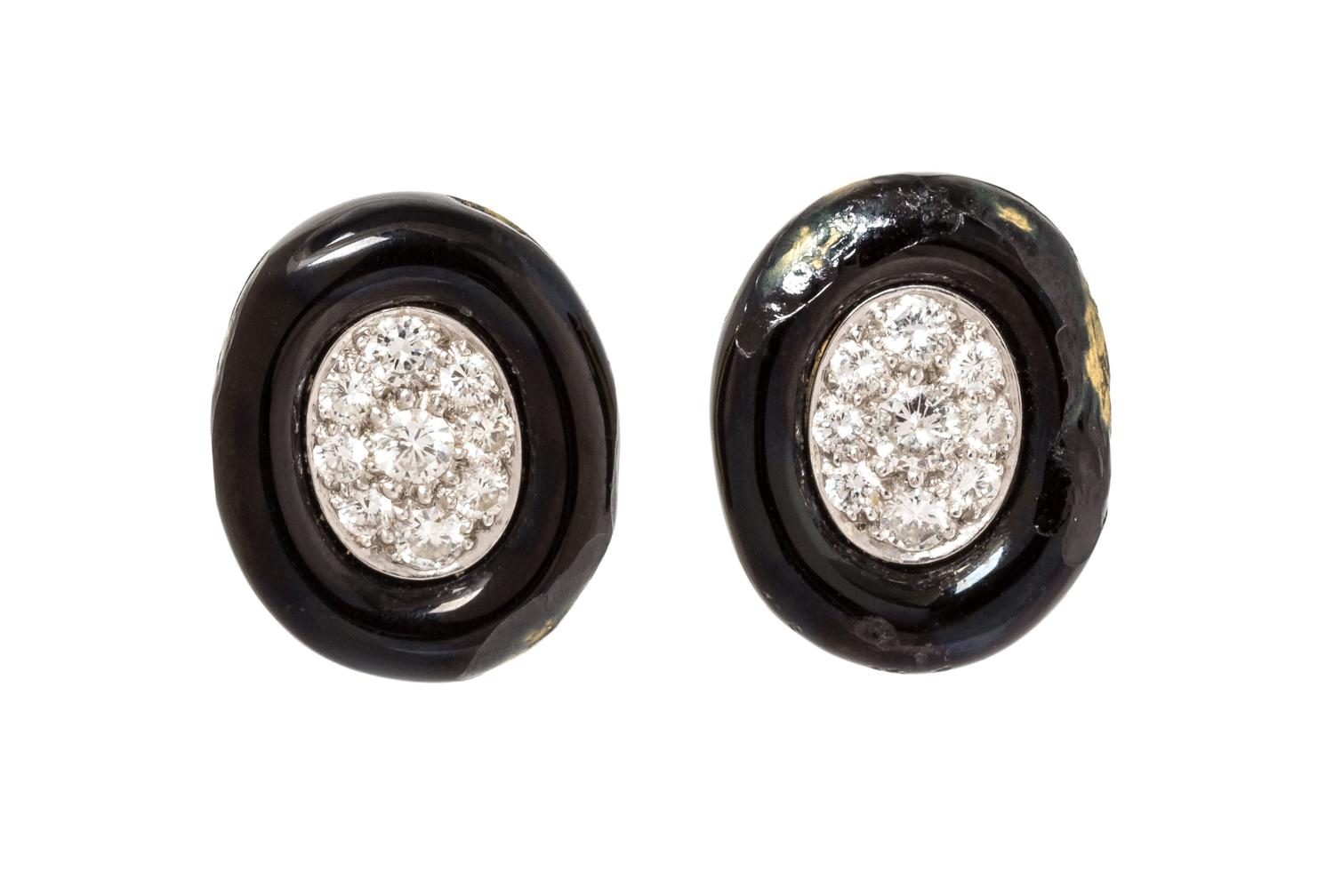 A Pair of 18 Karat Yellow Gold, Platinum, Diamond and Enamel Earclips, David Webb, 11.70 dwts.