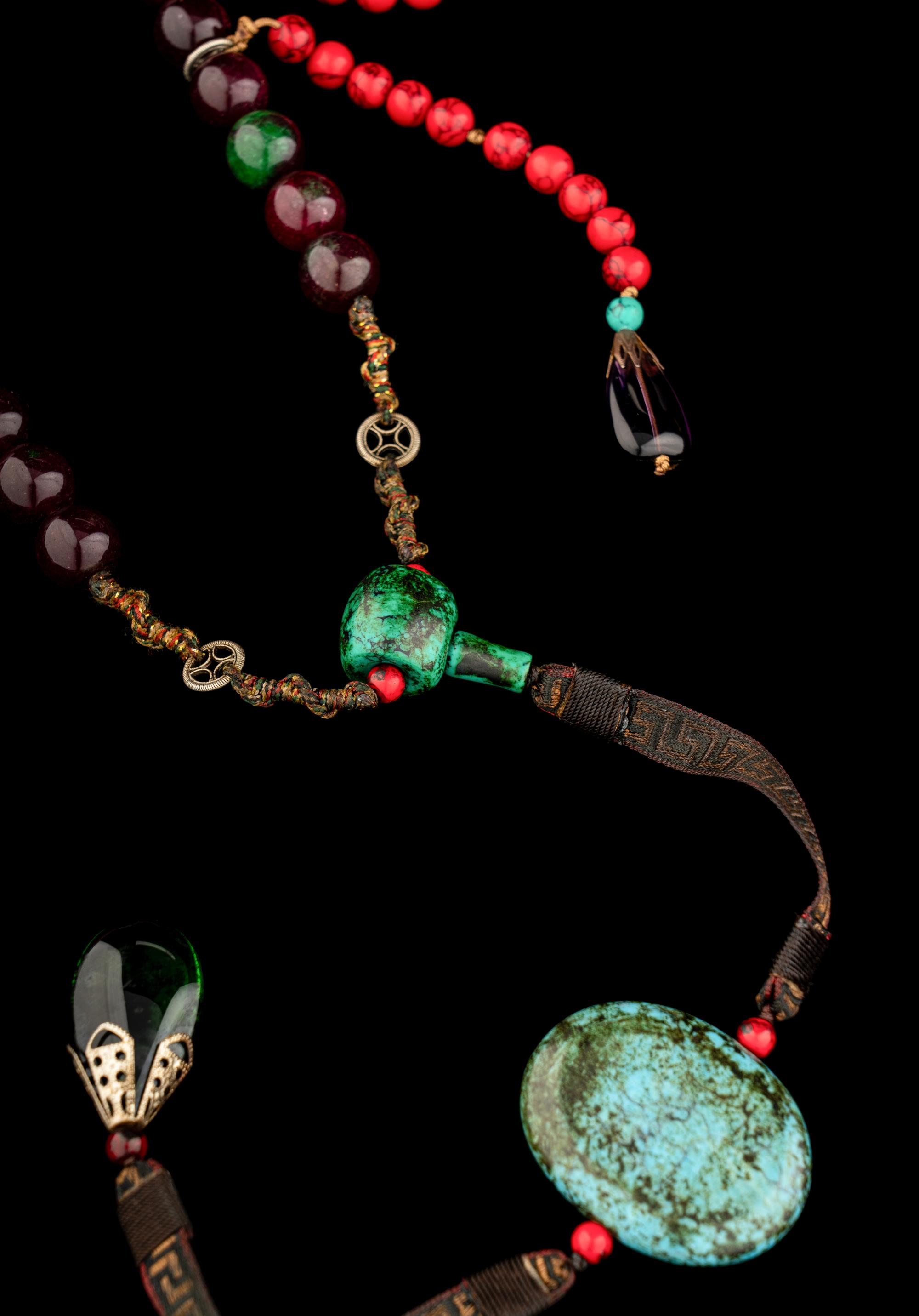 Two Chinese Court Necklaces, Chaozhu, with A Black Lacquered Circular Box and Cover